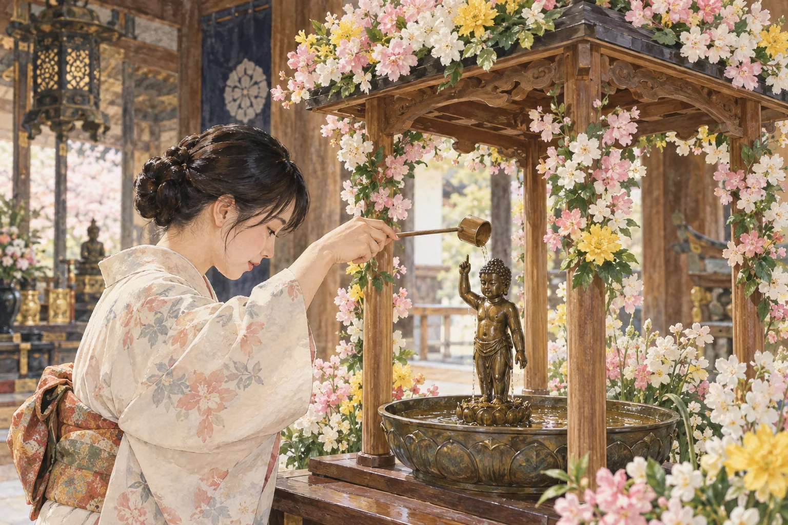 花御堂に安置された誕生仏へ、小さな柄杓で甘茶を注ぐ場面