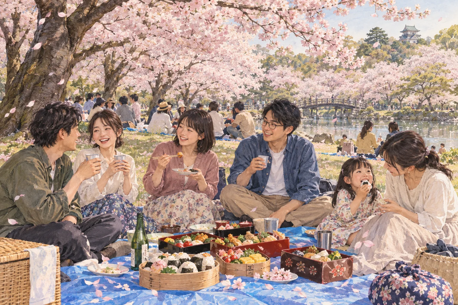 満開の桜の下で、敷物を広げて家族や友人と食事を楽しむ花見のイラスト