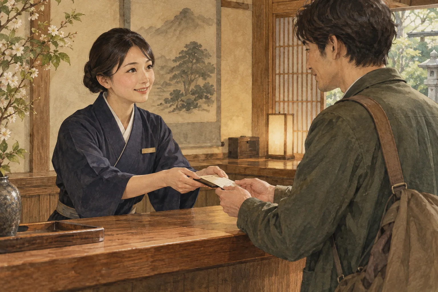 窓口でカードと受領書を両手で返す店員