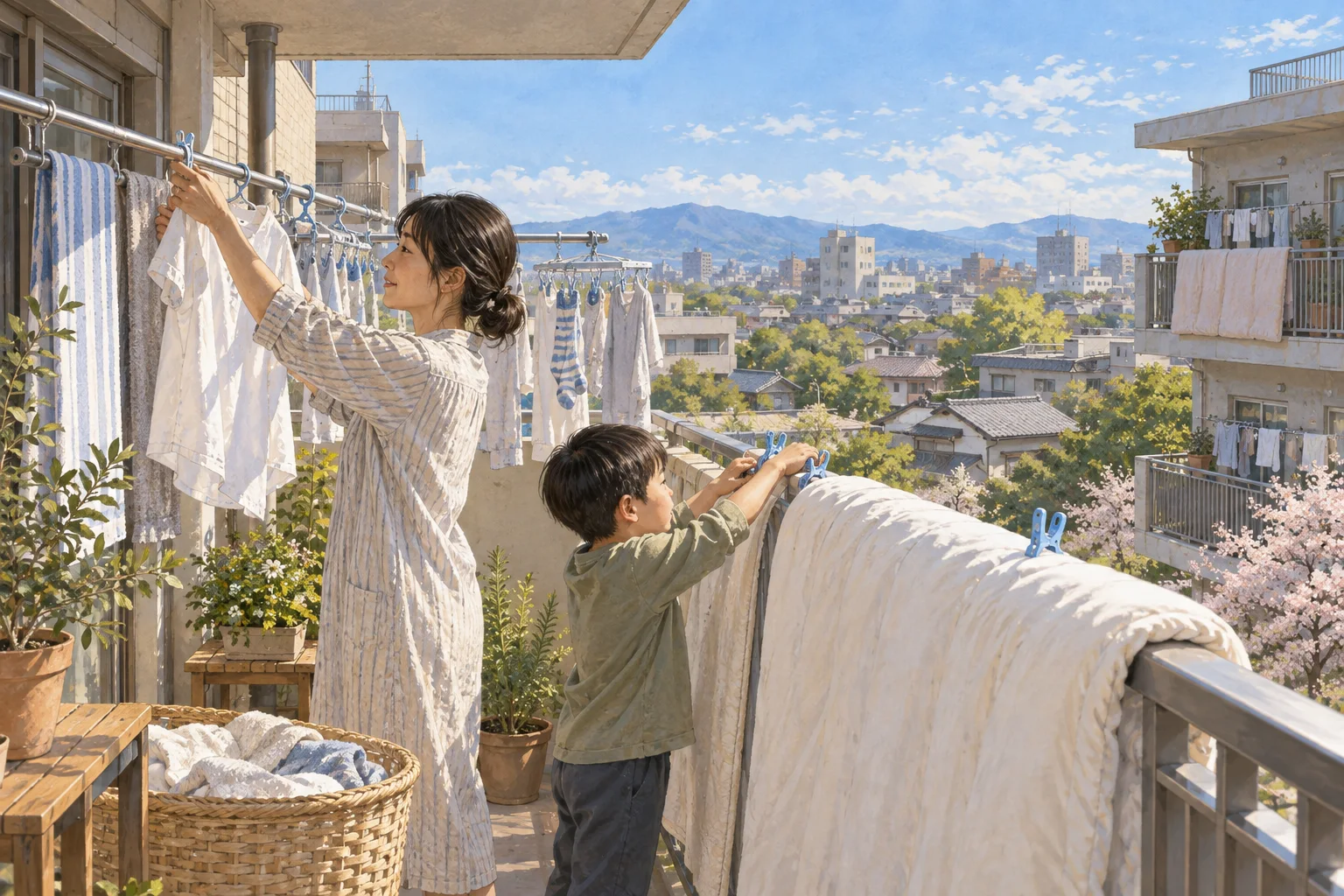 晴れた朝にベランダで洗濯物を外干しする住民