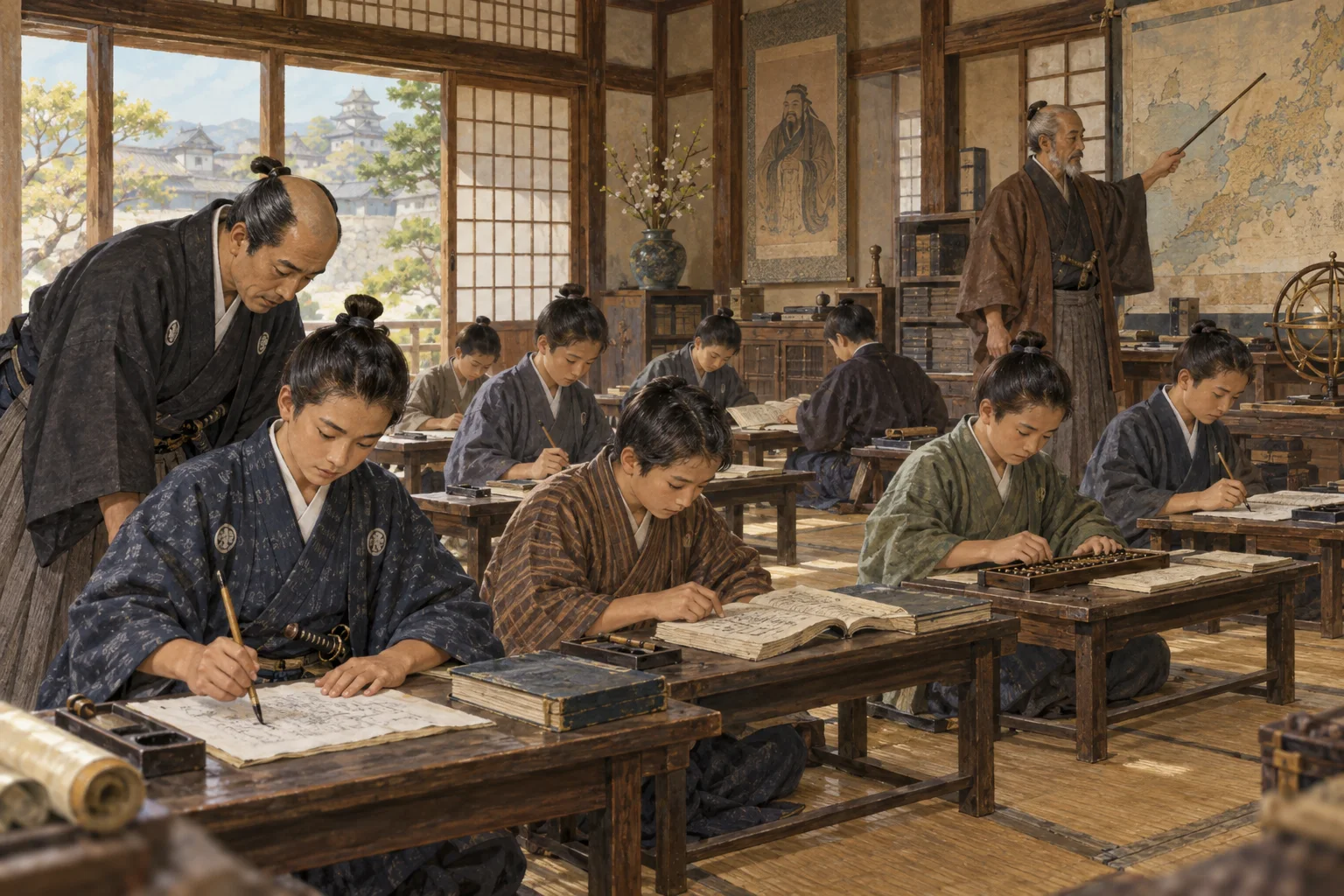 藩校で学問と武芸の基礎を学ぶ若者たち