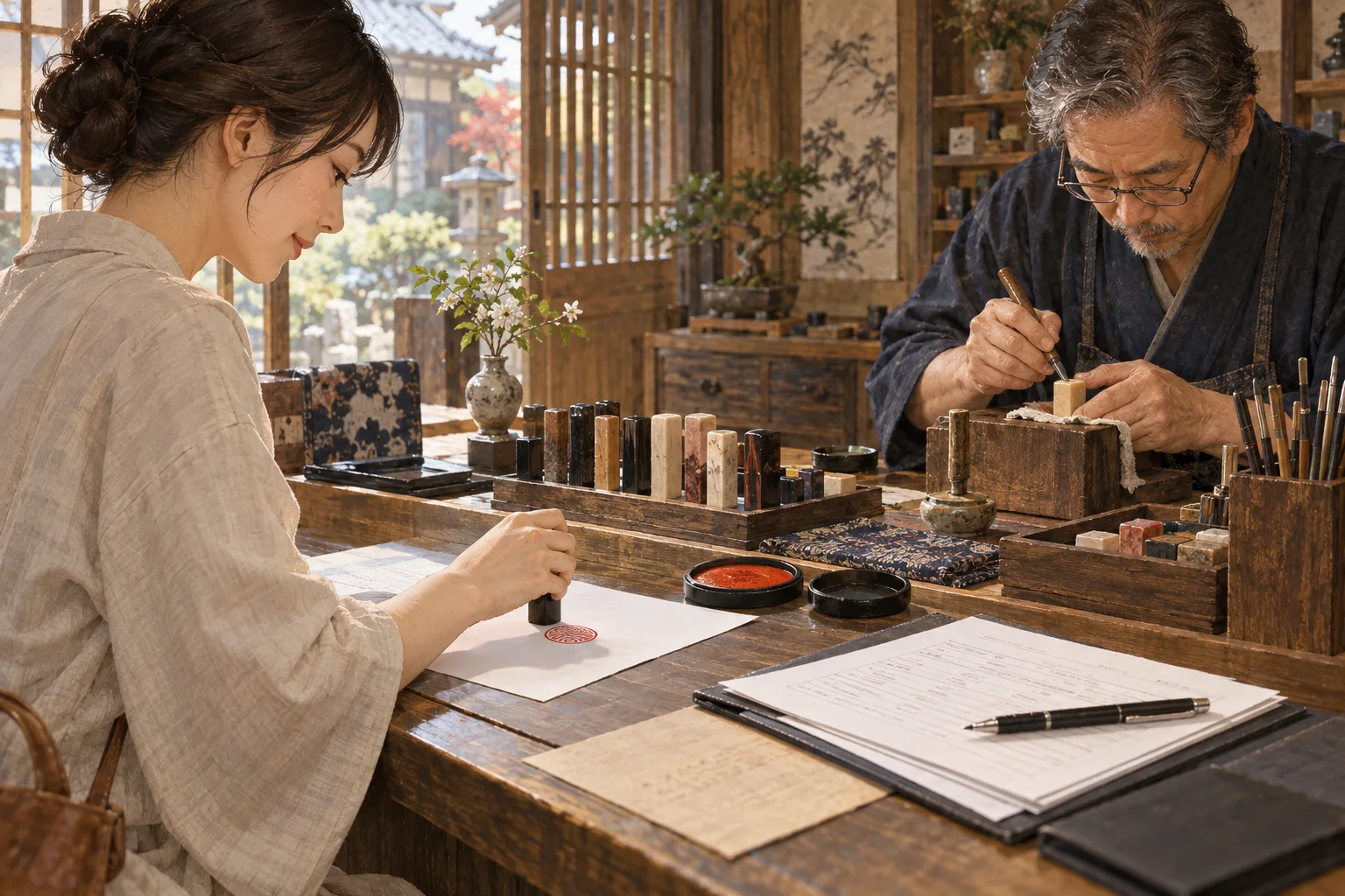 印章店で職人が判子を彫り客が印影を確かめる様子