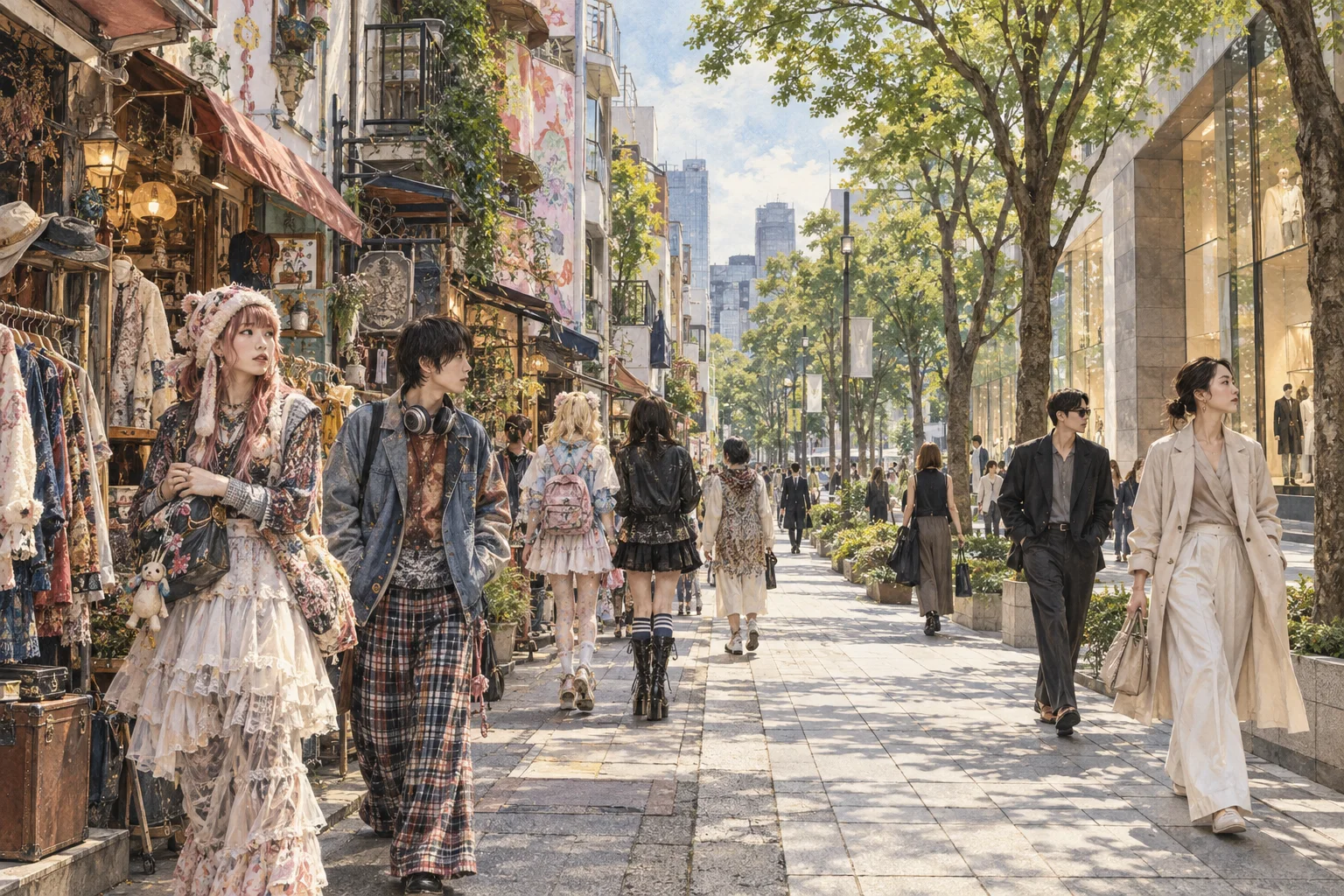 原宿の個性的な装いと表参道の並木道