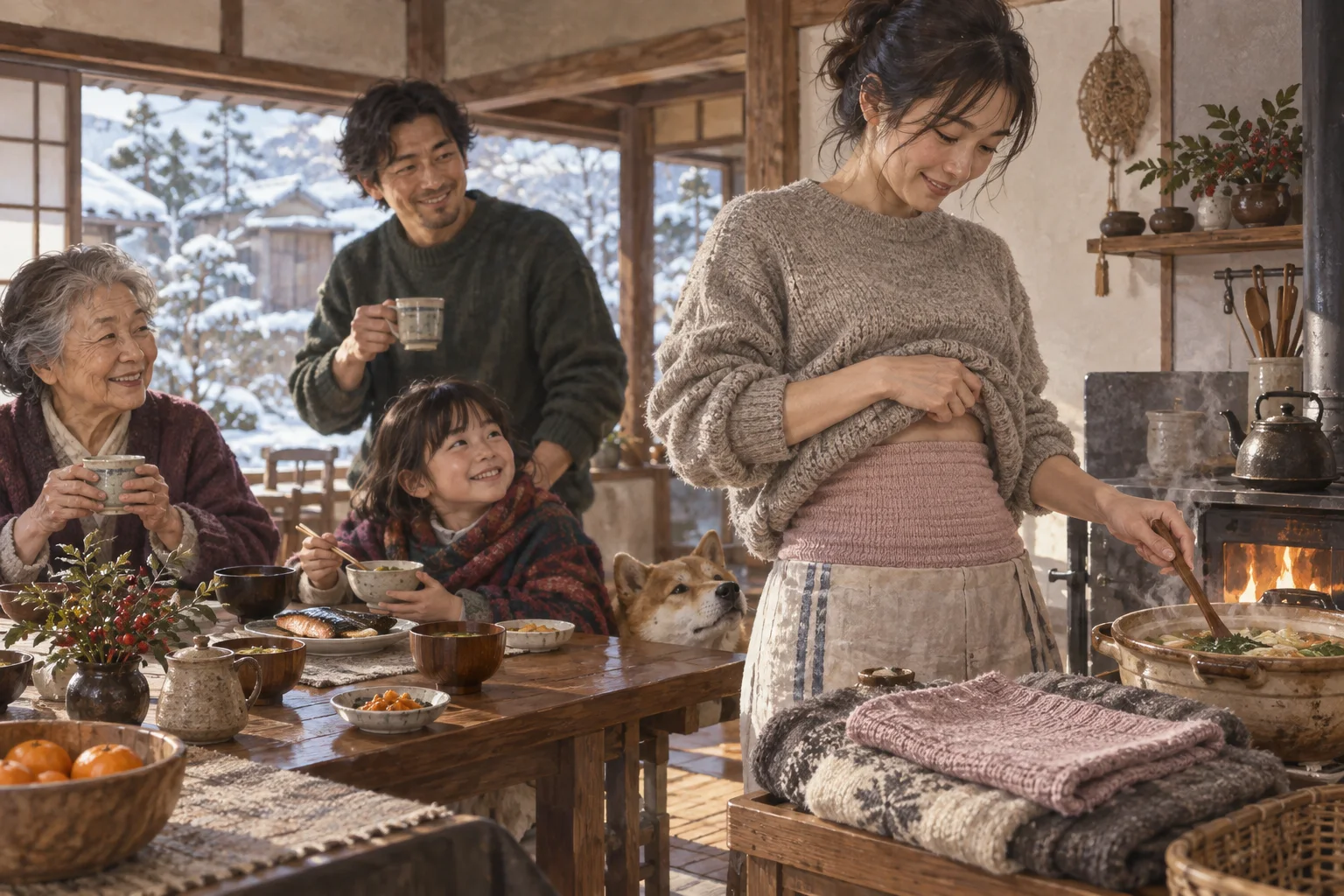 冬の朝に腹巻きで体を温める家族