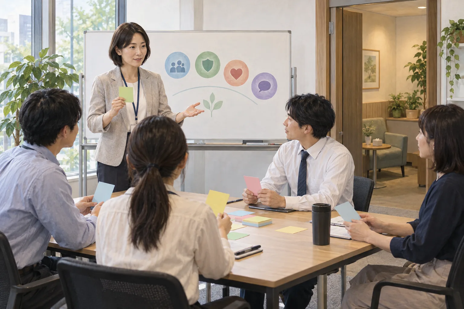職場の研修室でハラスメント防止と相談対応を学ぶ社員たち