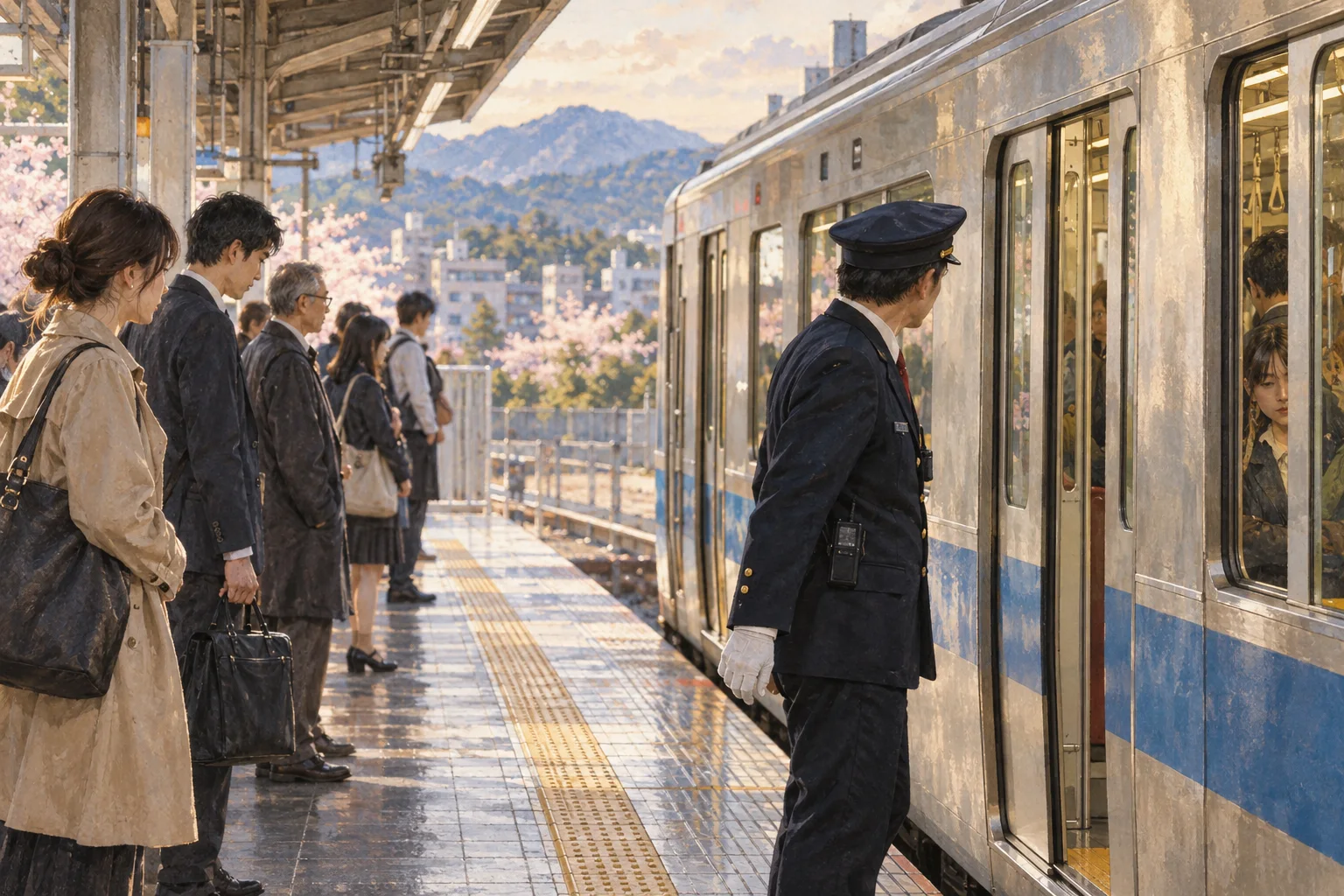 発車メロディーが流れる駅のホームと乗客