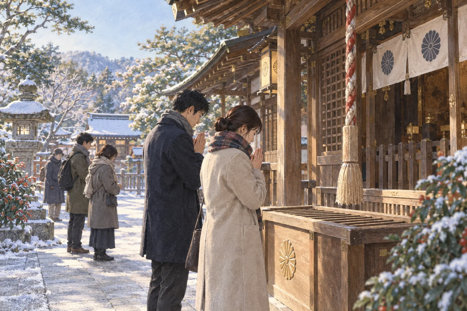 冬の神社で手を合わせ、新年の参拝をする人々