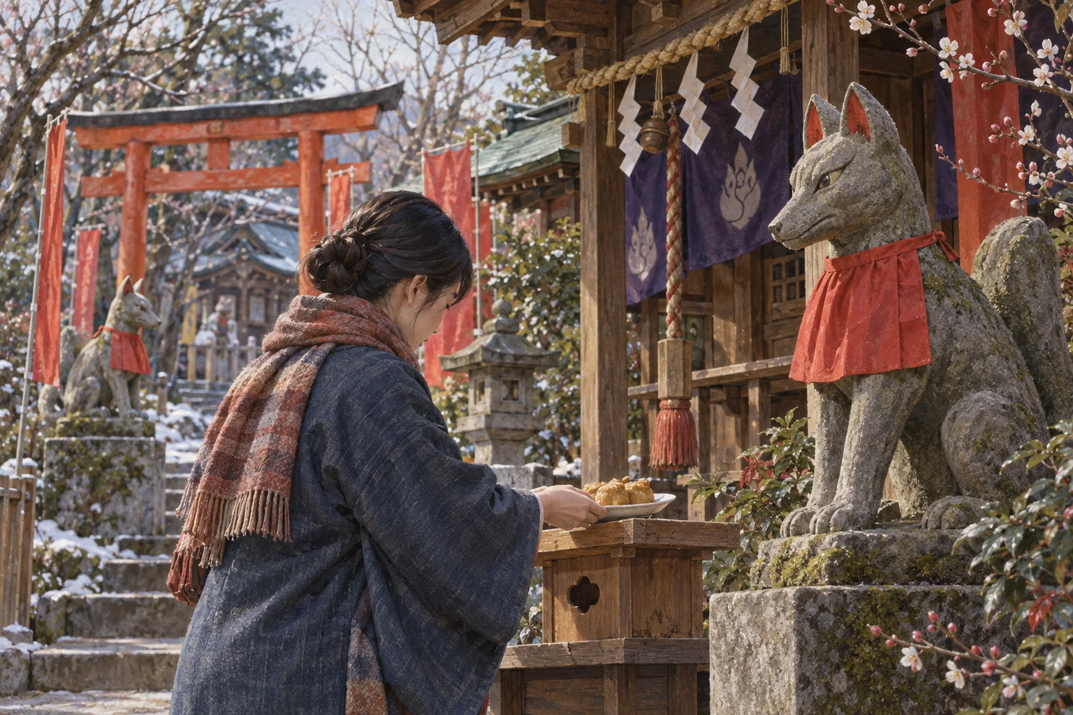 初午の稲荷神社で狐像のそばに油揚げを供える人