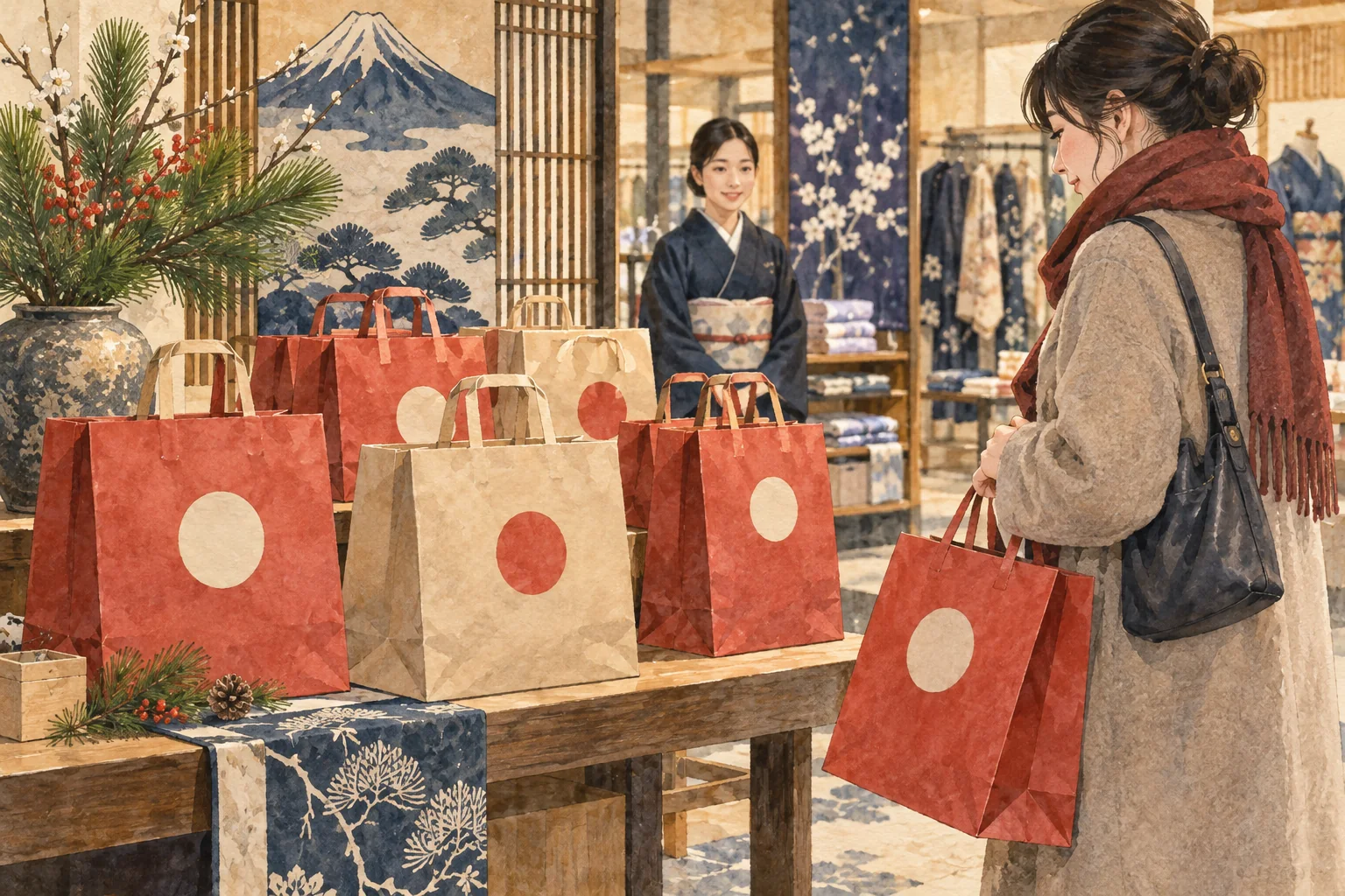 初売りの店頭に並ぶ、口を閉じた福袋
