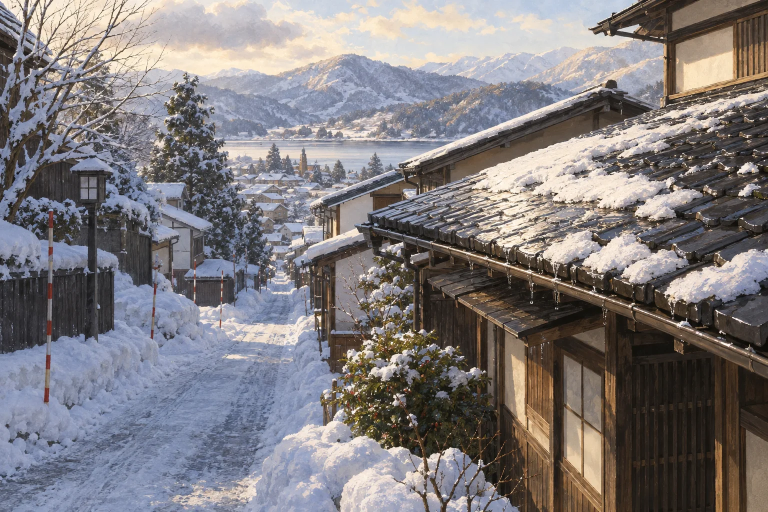 初雪が溶ける屋根と根雪が残る北国の町