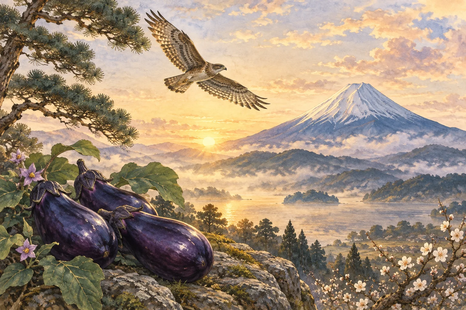 富士山、空を舞う鷹、紫色の茄子を描いた初夢の縁起物