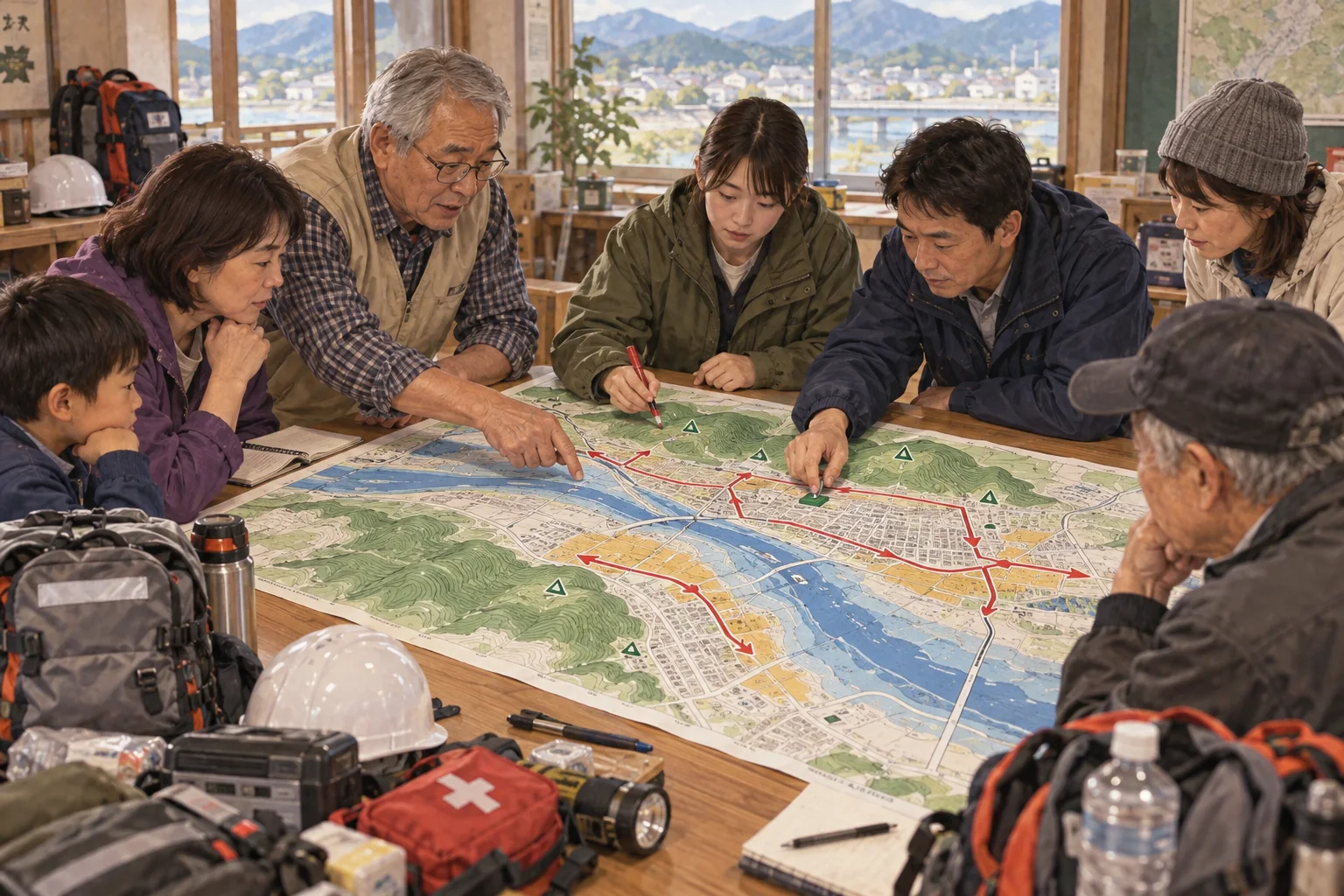 ハザードマップで避難経路を確認する地域住民