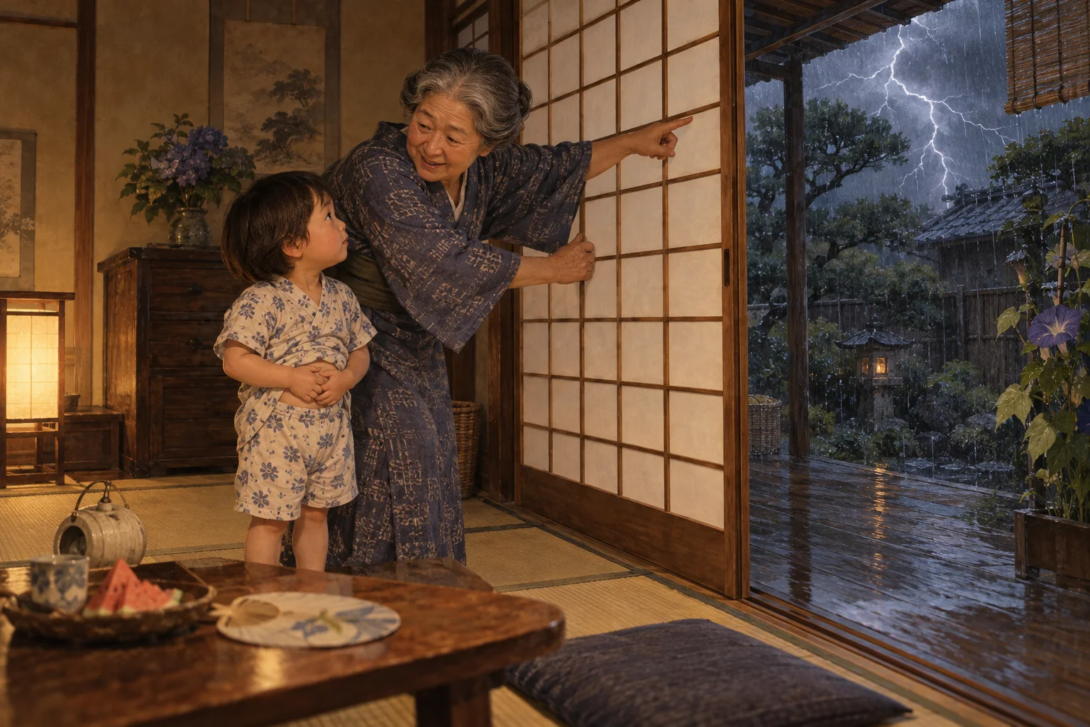 雷雨の中でおへそを隠す子ども