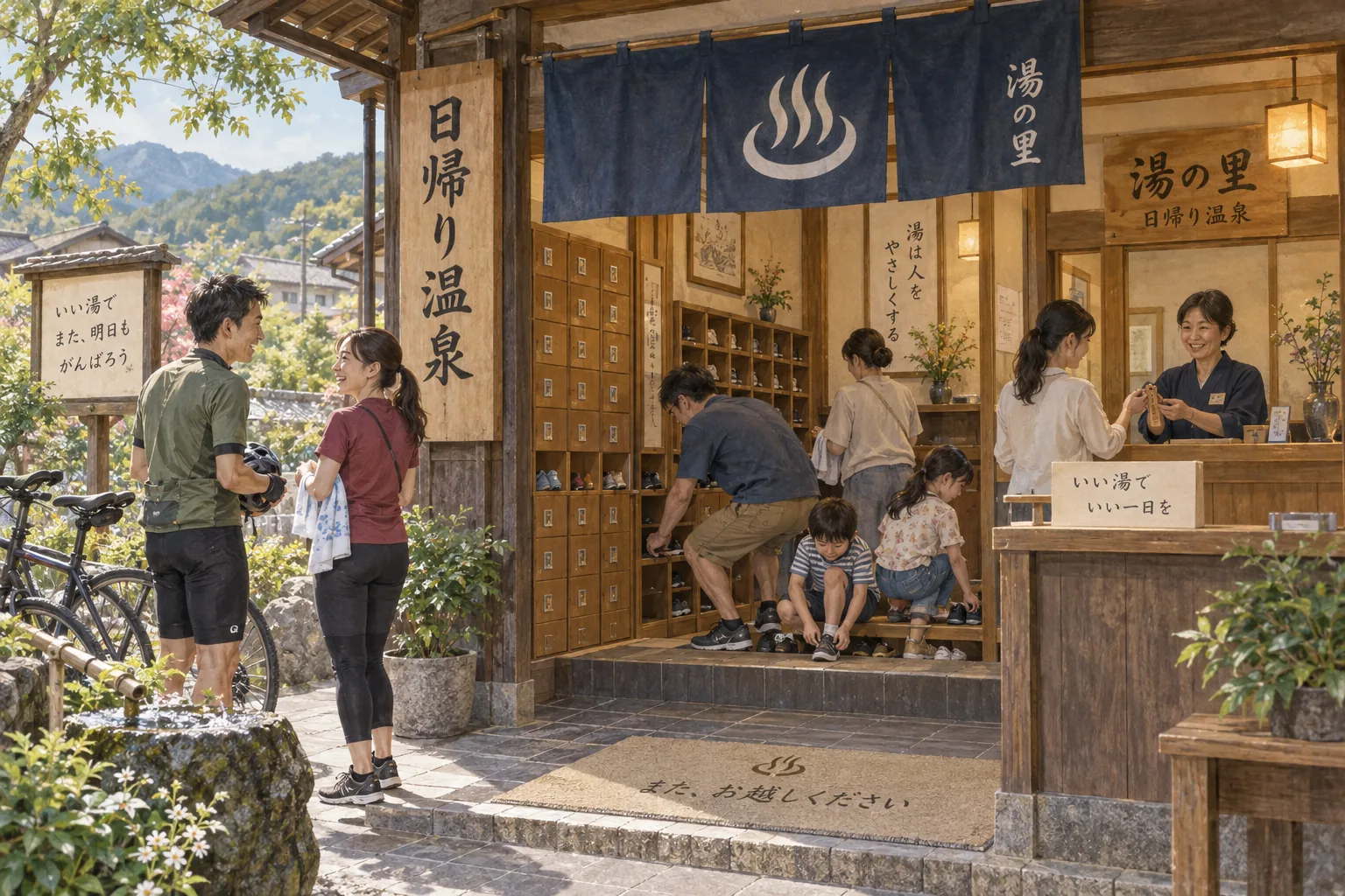 地方の日帰り温泉に入館する家族や旅行者