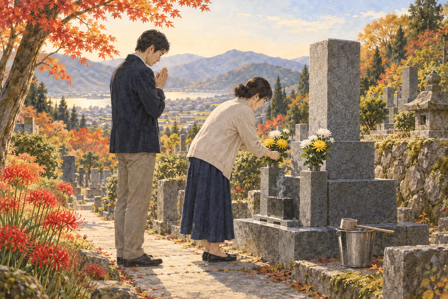 秋の彼岸に墓前へ花を供え、静かに手を合わせる家族