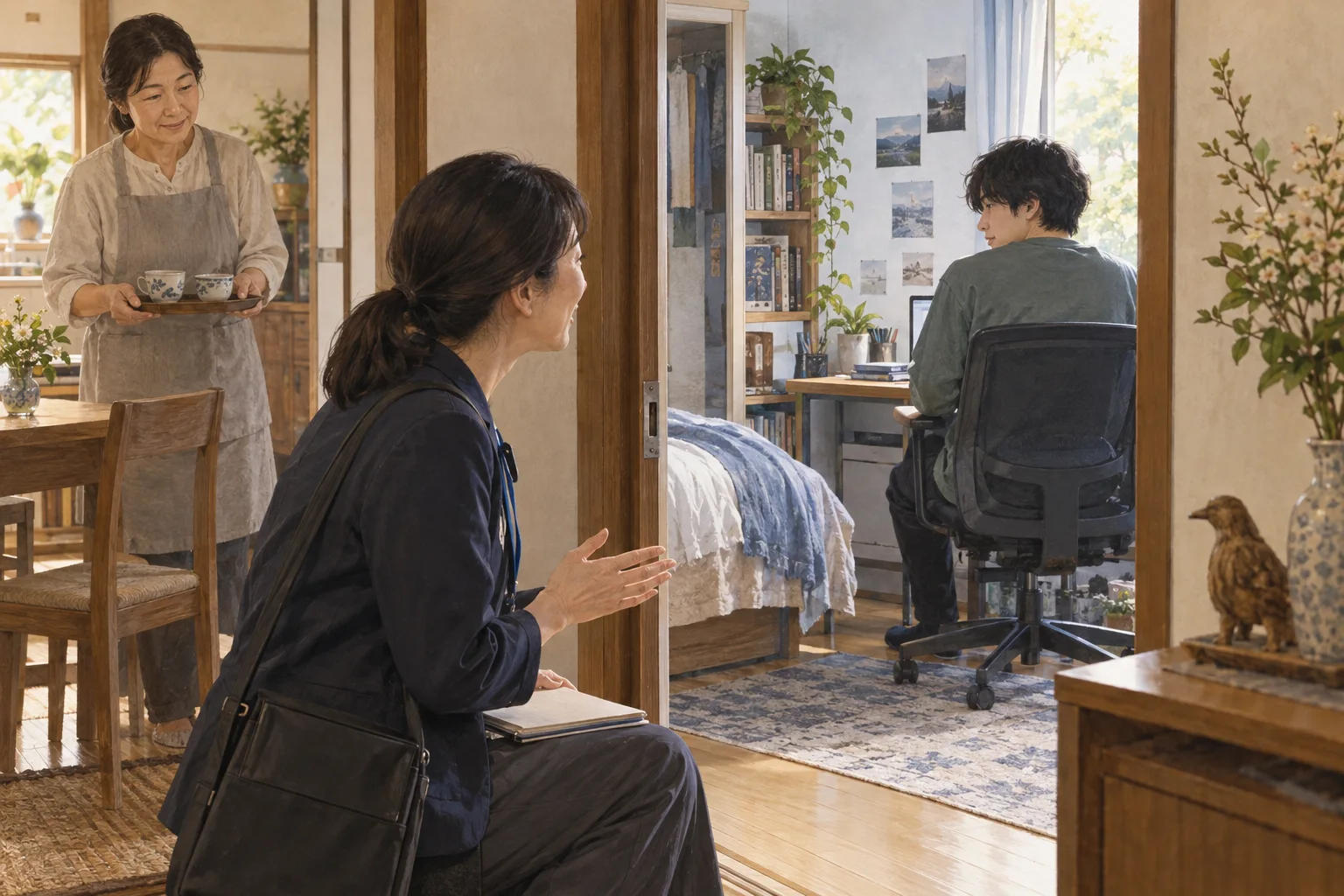 自宅で支援員と少しずつ対話を始める若者