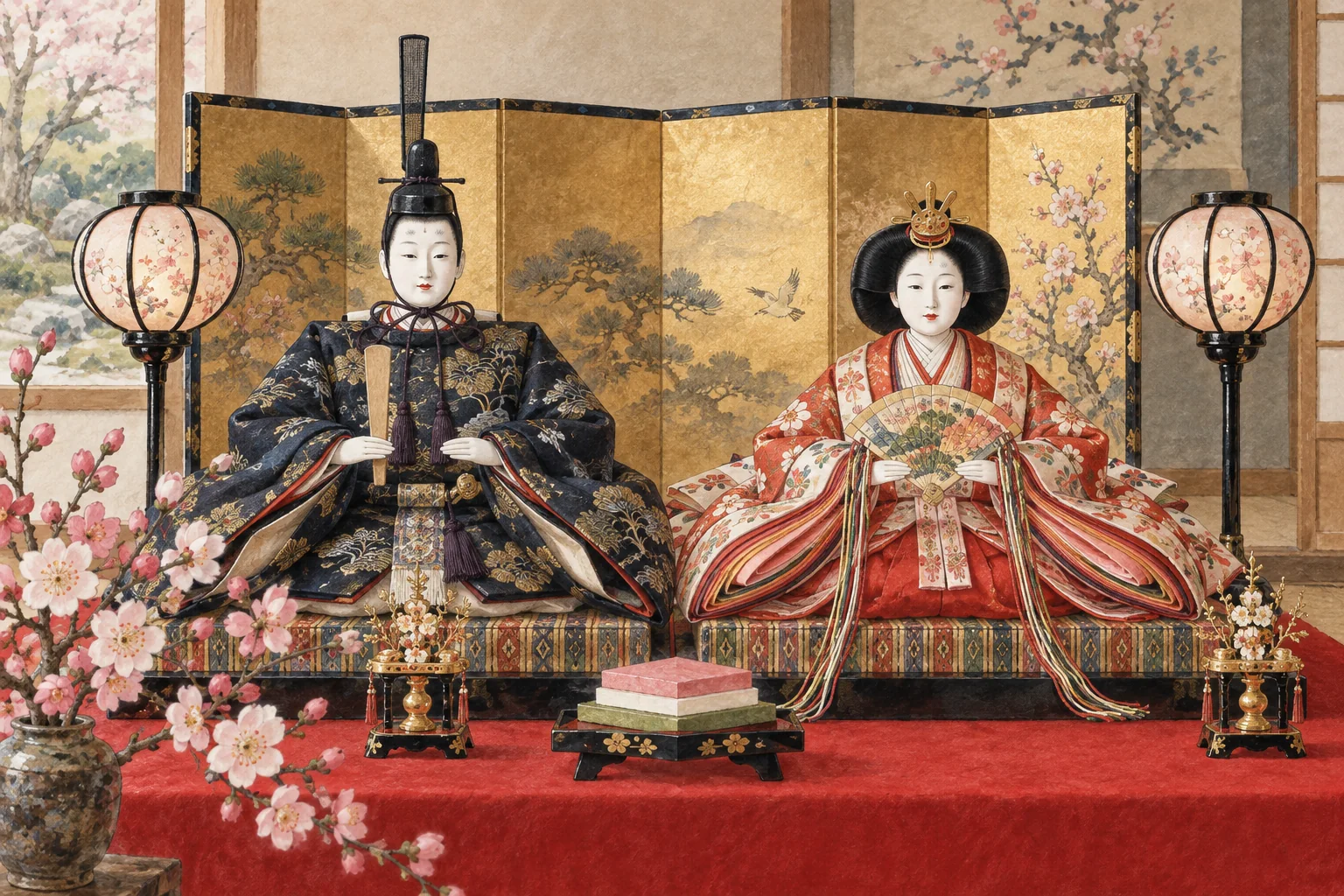 金屏風の前に並ぶ一対の雛人形と、ぼんぼり、桃の花、菱餅