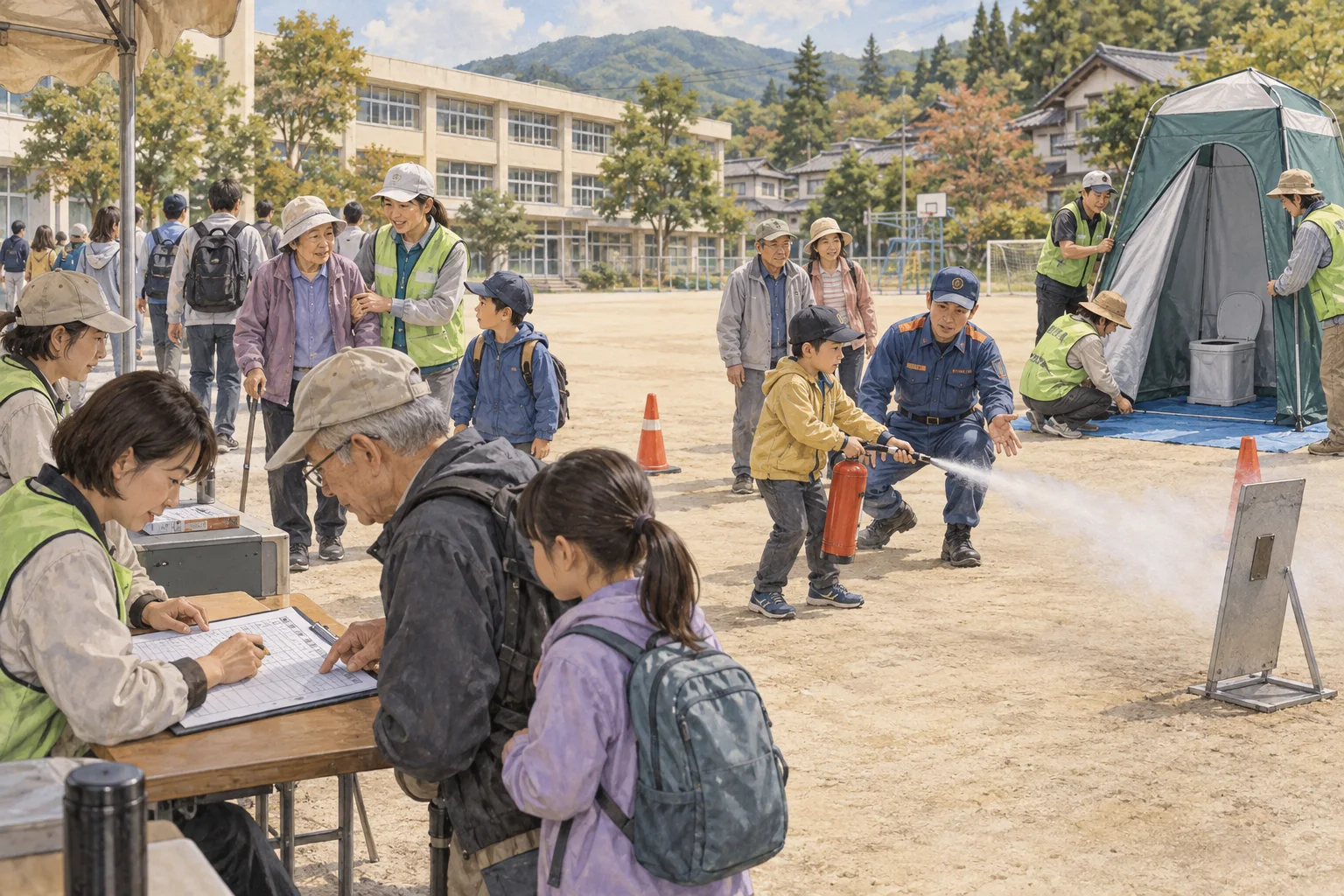 地域の避難訓練で安否確認や消火を練習する住民