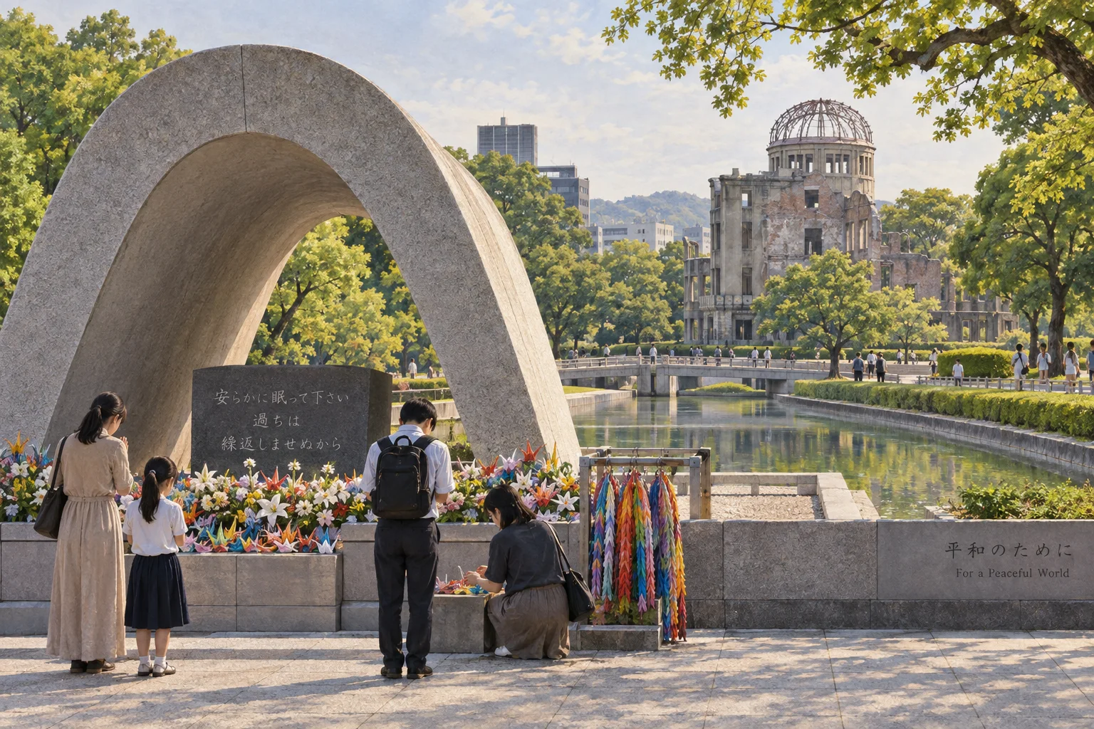 原爆ドームを望み静かに祈る平和記念公園