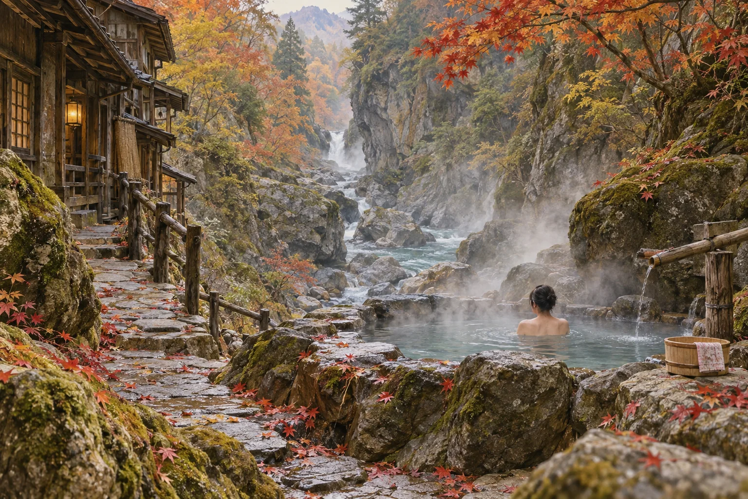 山奥の宿にある静かな露天の秘湯