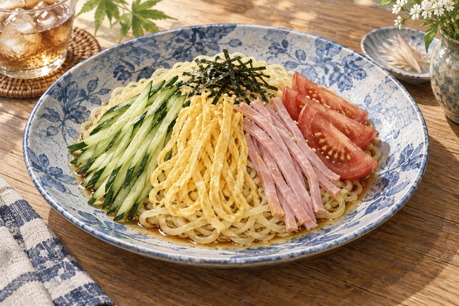 細切りの卵、きゅうり、ハムとトマトを盛った冷やし中華