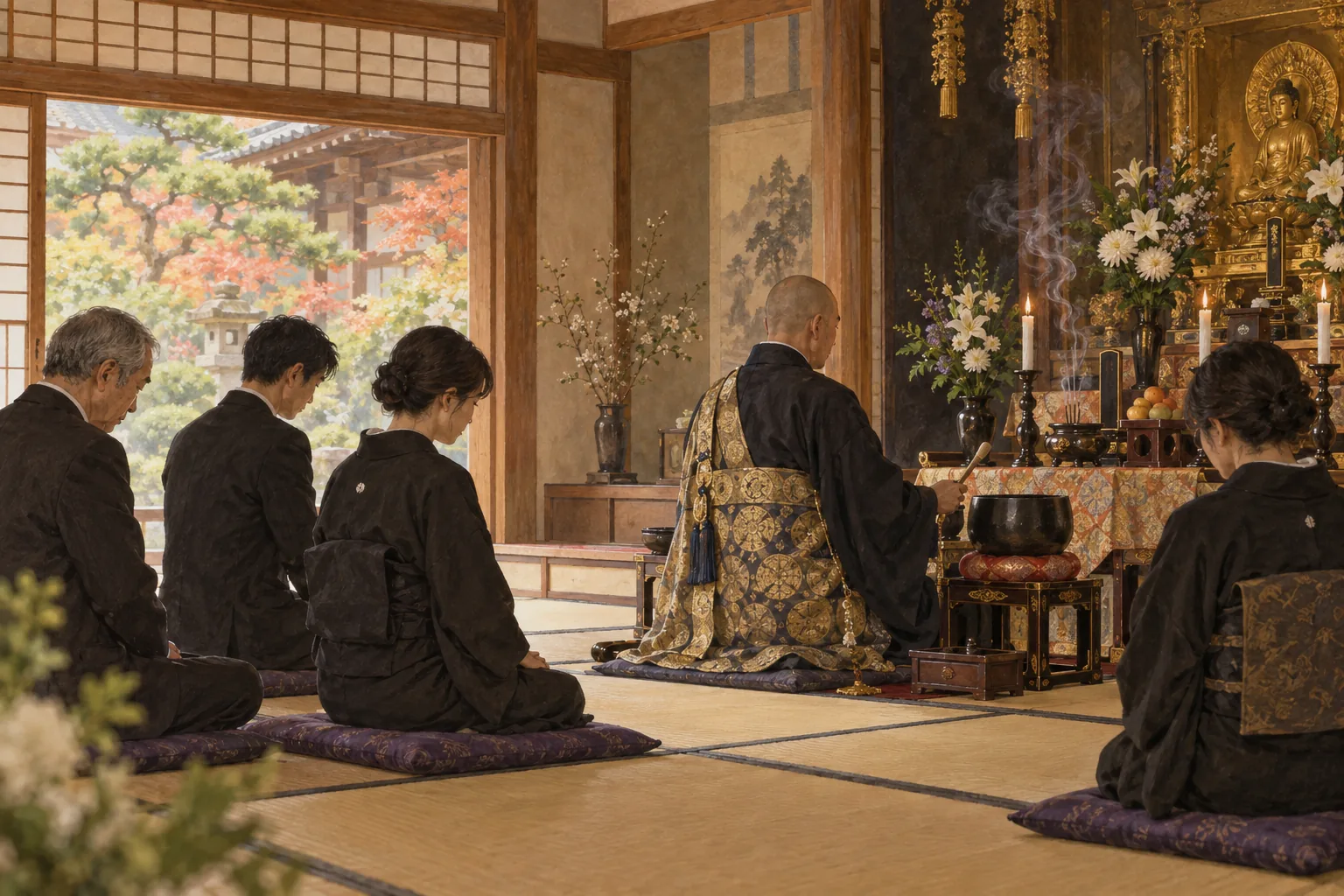 僧侶の読経を聞く法事の参列者