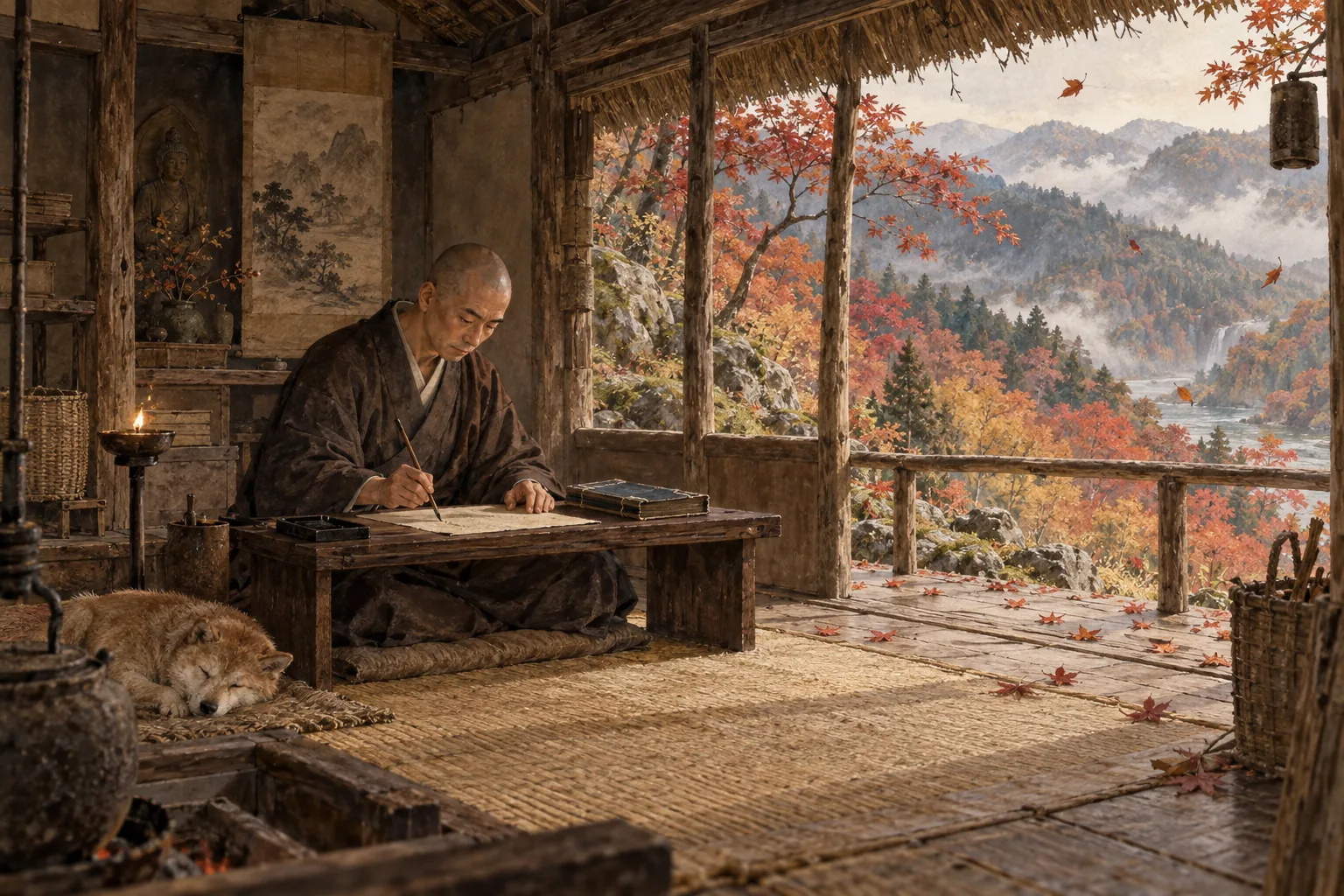 山里の庵で随筆を書く中世の僧
