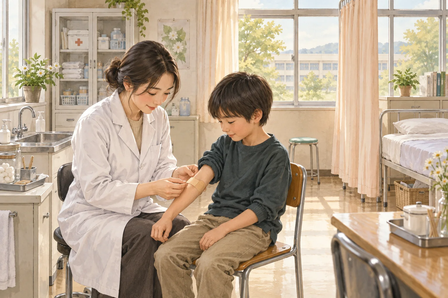 保健室で児童の手当てをする養護教諭
