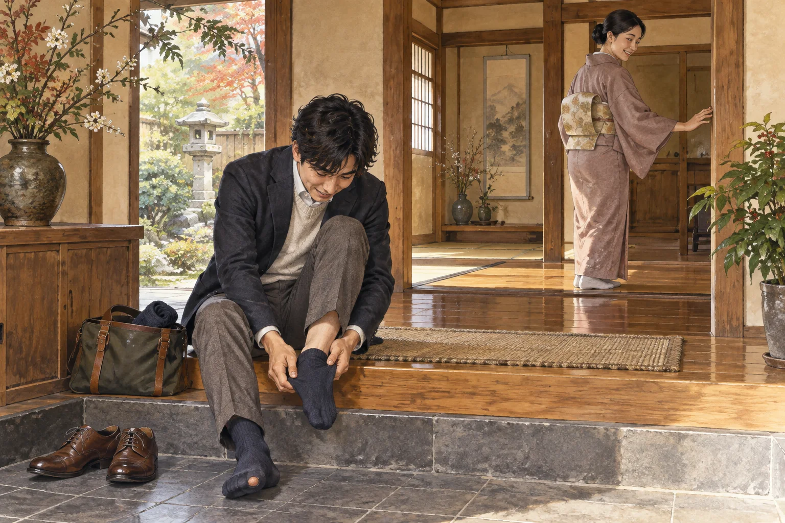 玄関で靴下の穴に気づき履き替える訪問客
