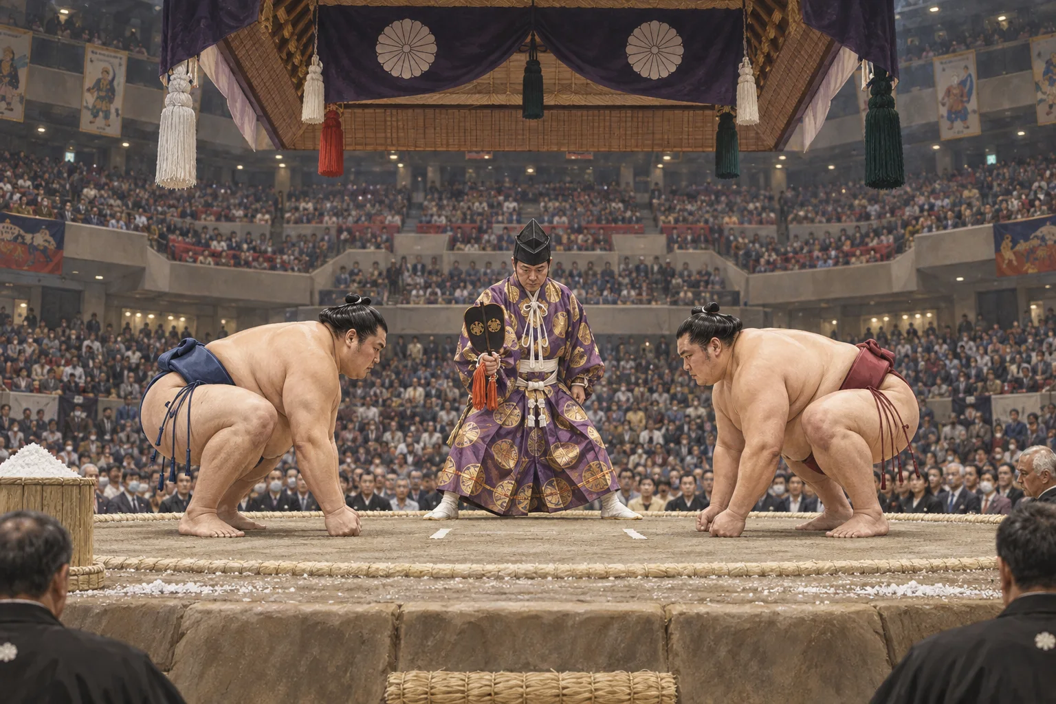 満員の会場で行われる大相撲の本場所