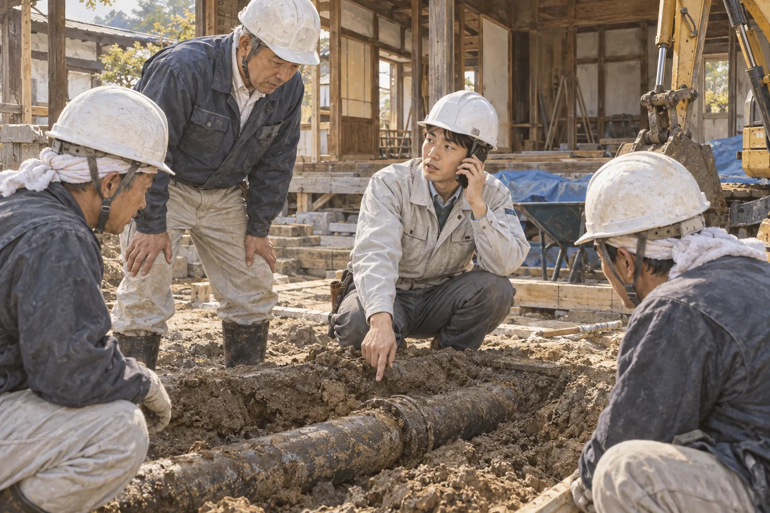 改修現場で配管の問題を報告・連絡・相談する担当者たち