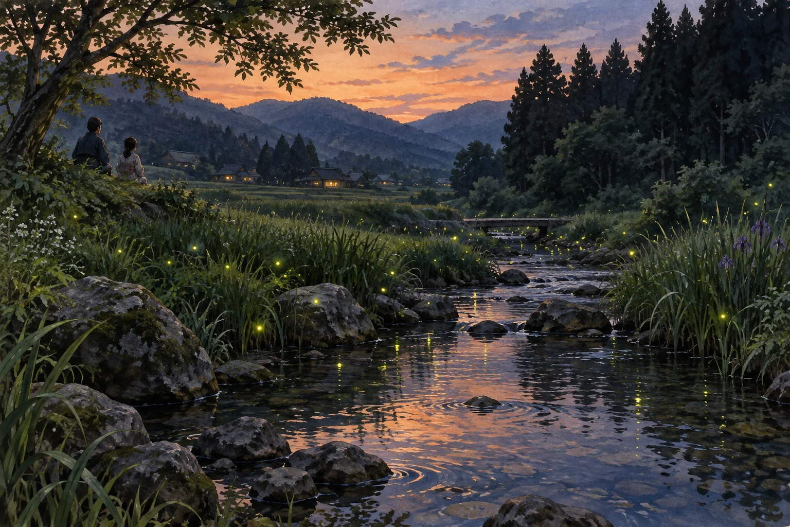 初夏の小川のほとりで光る蛍