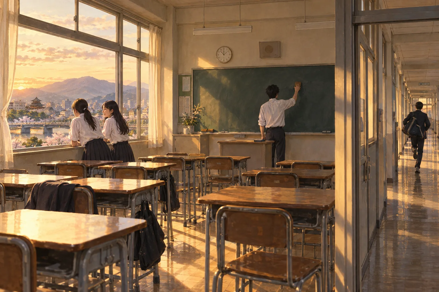 放課後の教室に残って片付けや会話をする生徒たち
