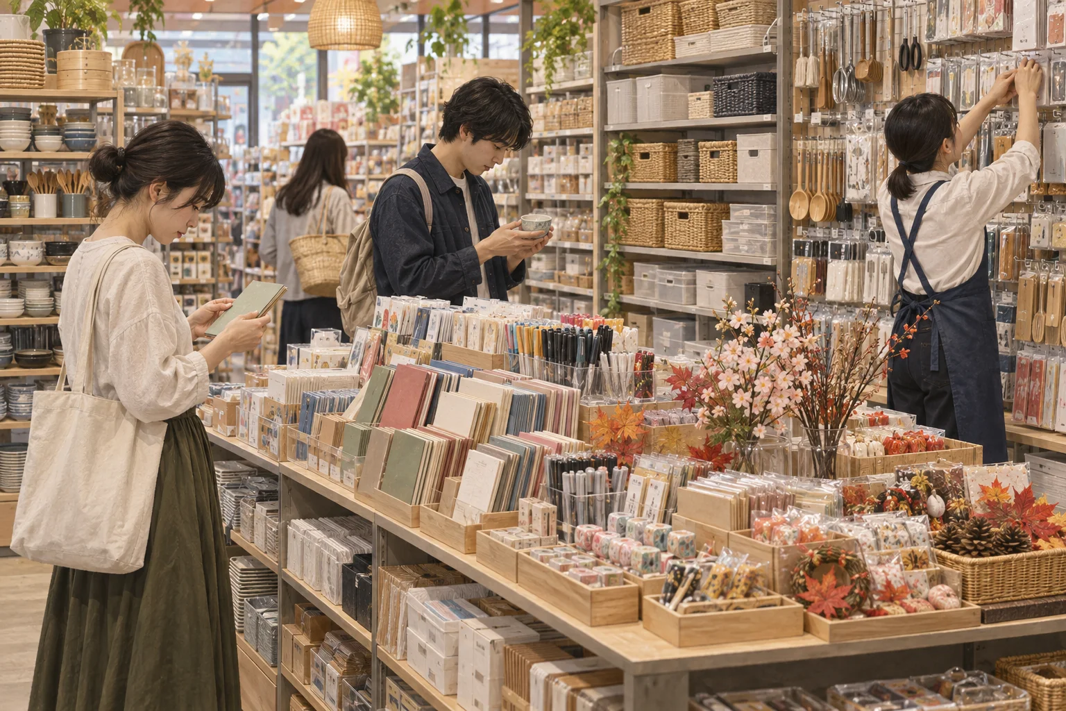 日用品が整然と並ぶ100円ショップで買い物をする人々