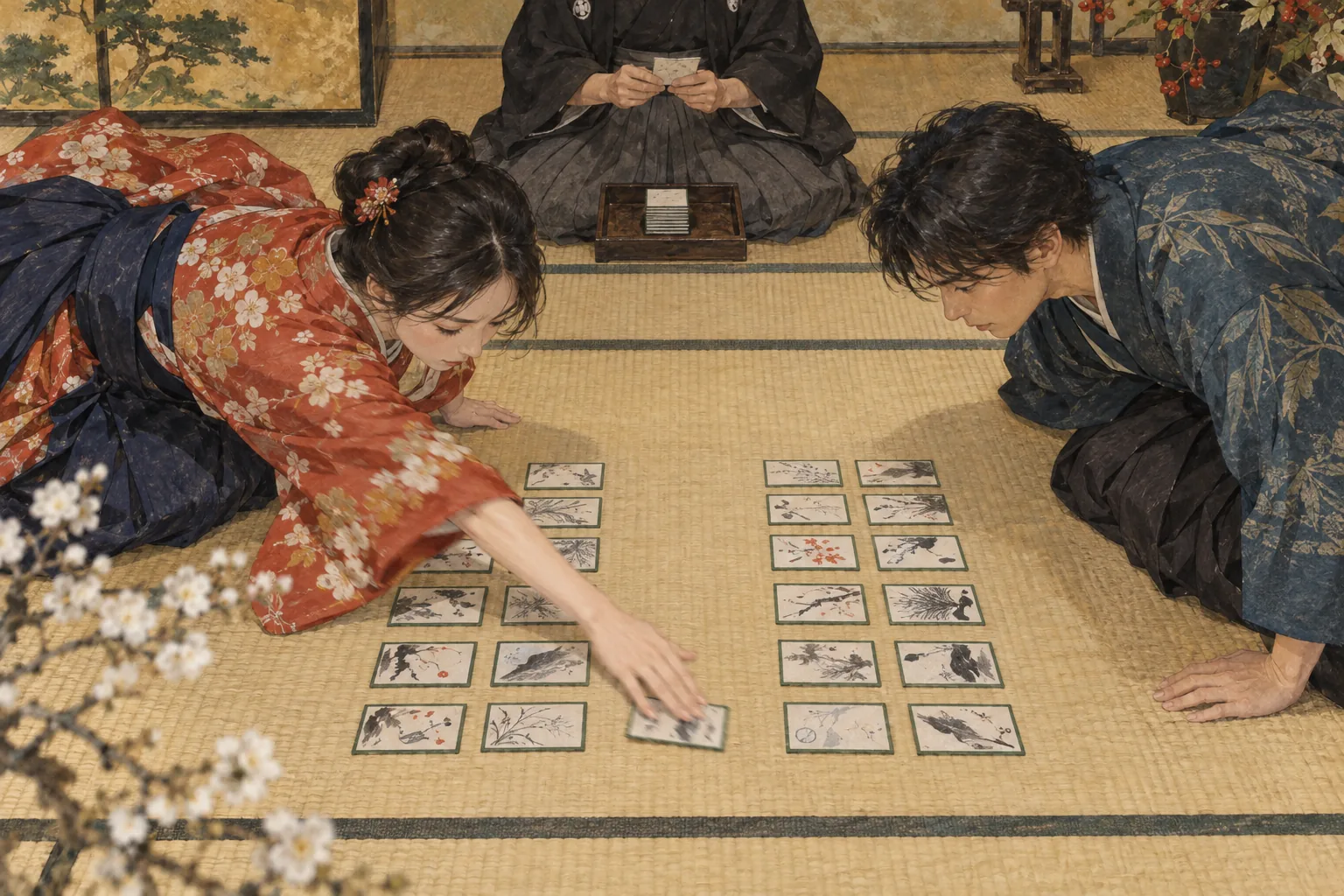 畳の上で百人一首の札を取り合う競技かるた