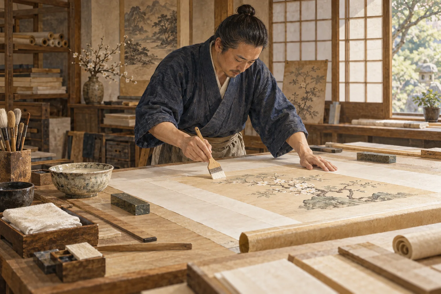 工房で紙の作品を裏打ちする表具師