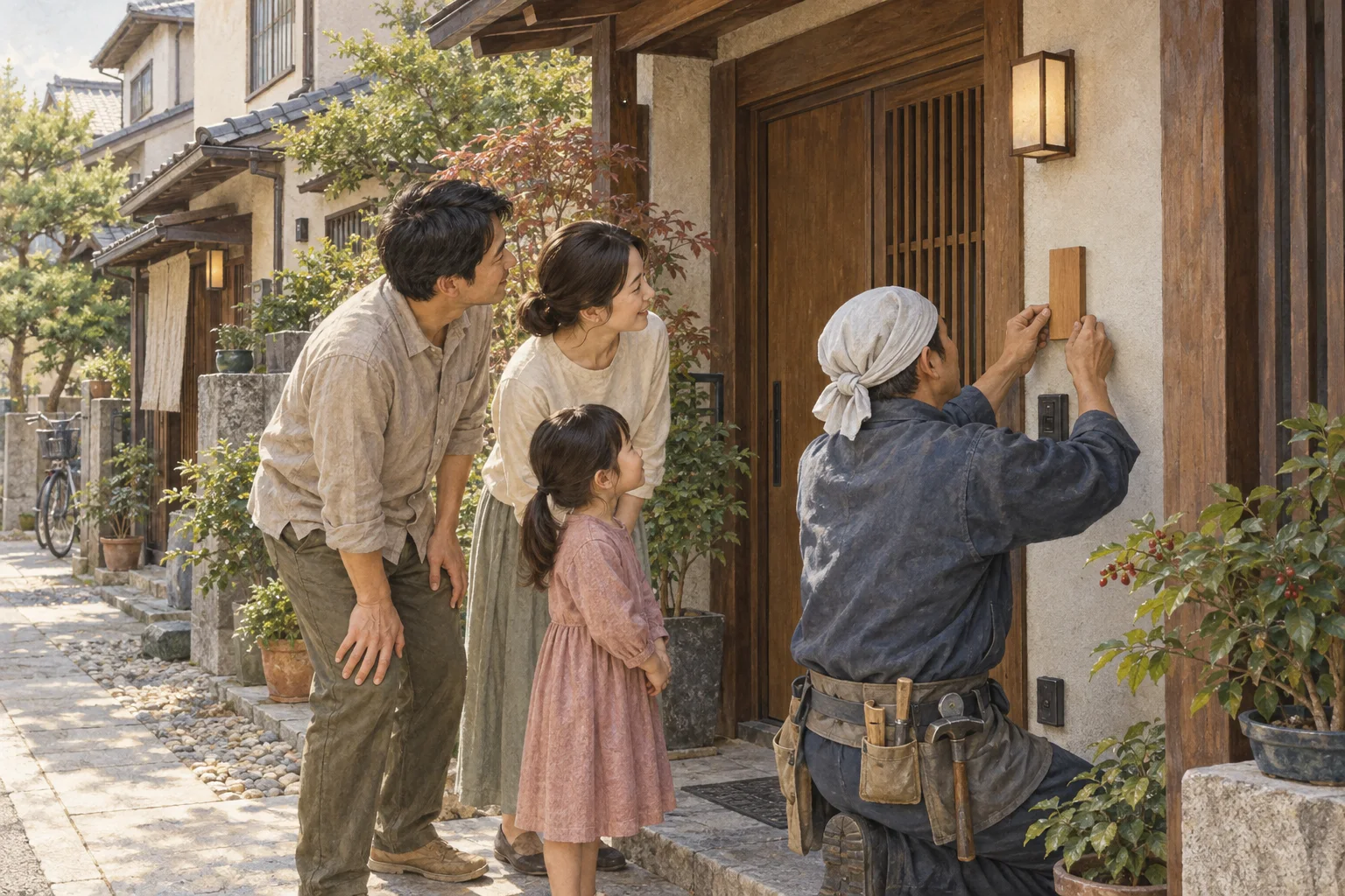 住宅の玄関に表札を取り付ける様子