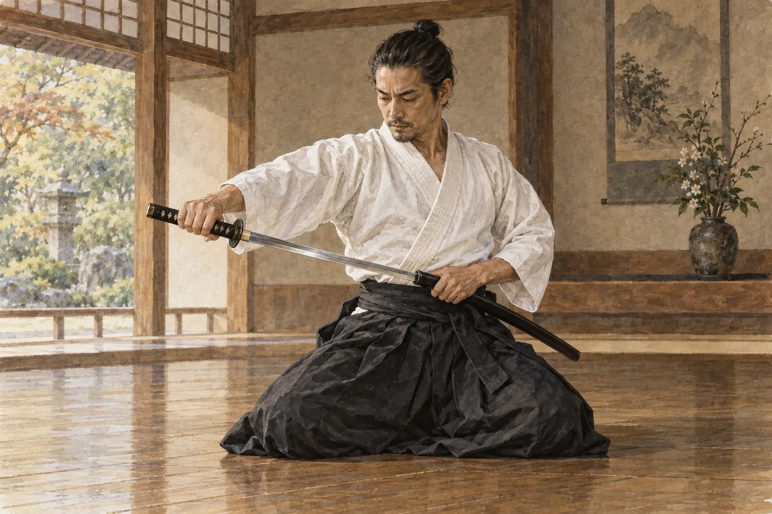 静かな道場で居合の抜き付けを行う稽古者