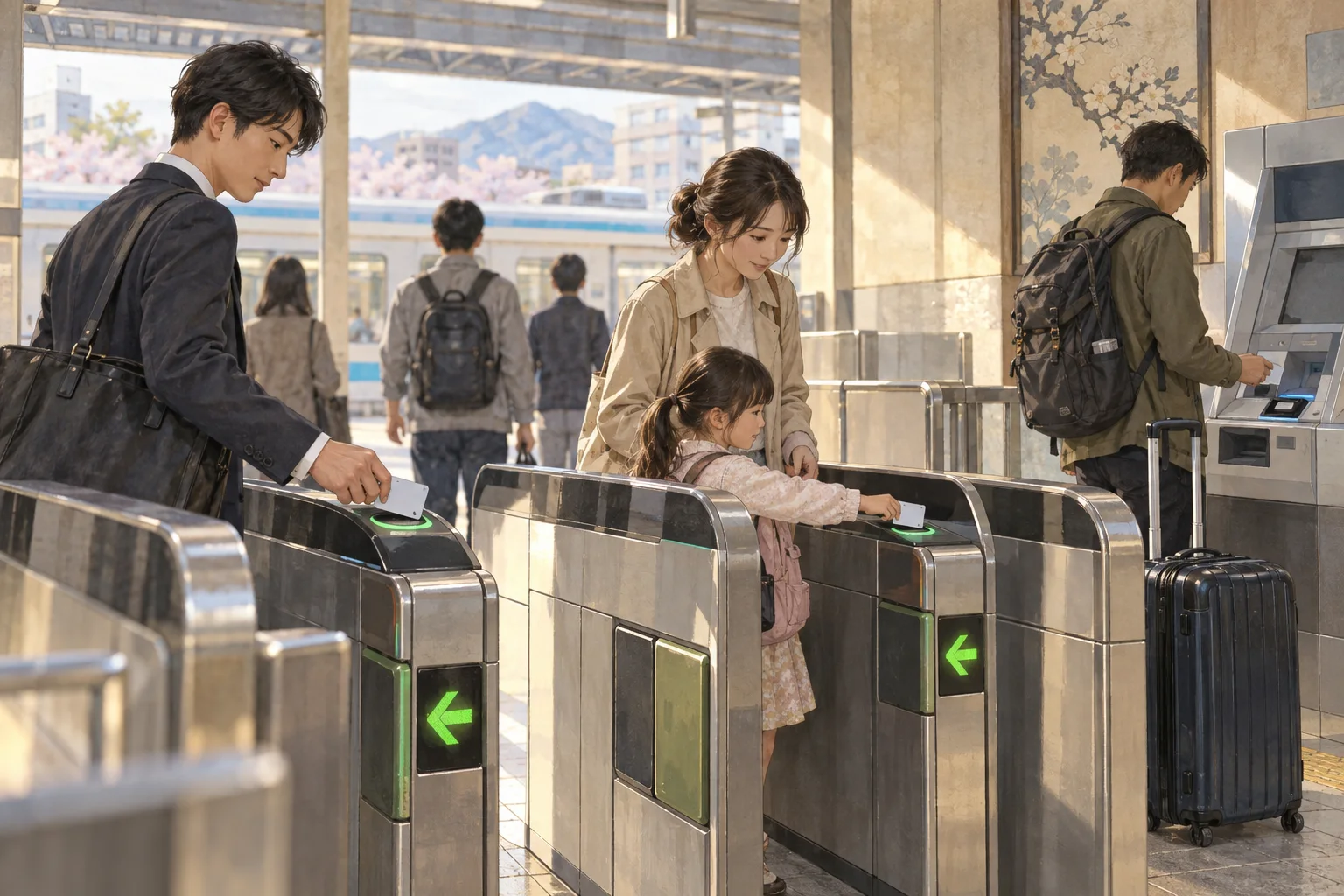 交通系ICカードを改札にタッチする乗客