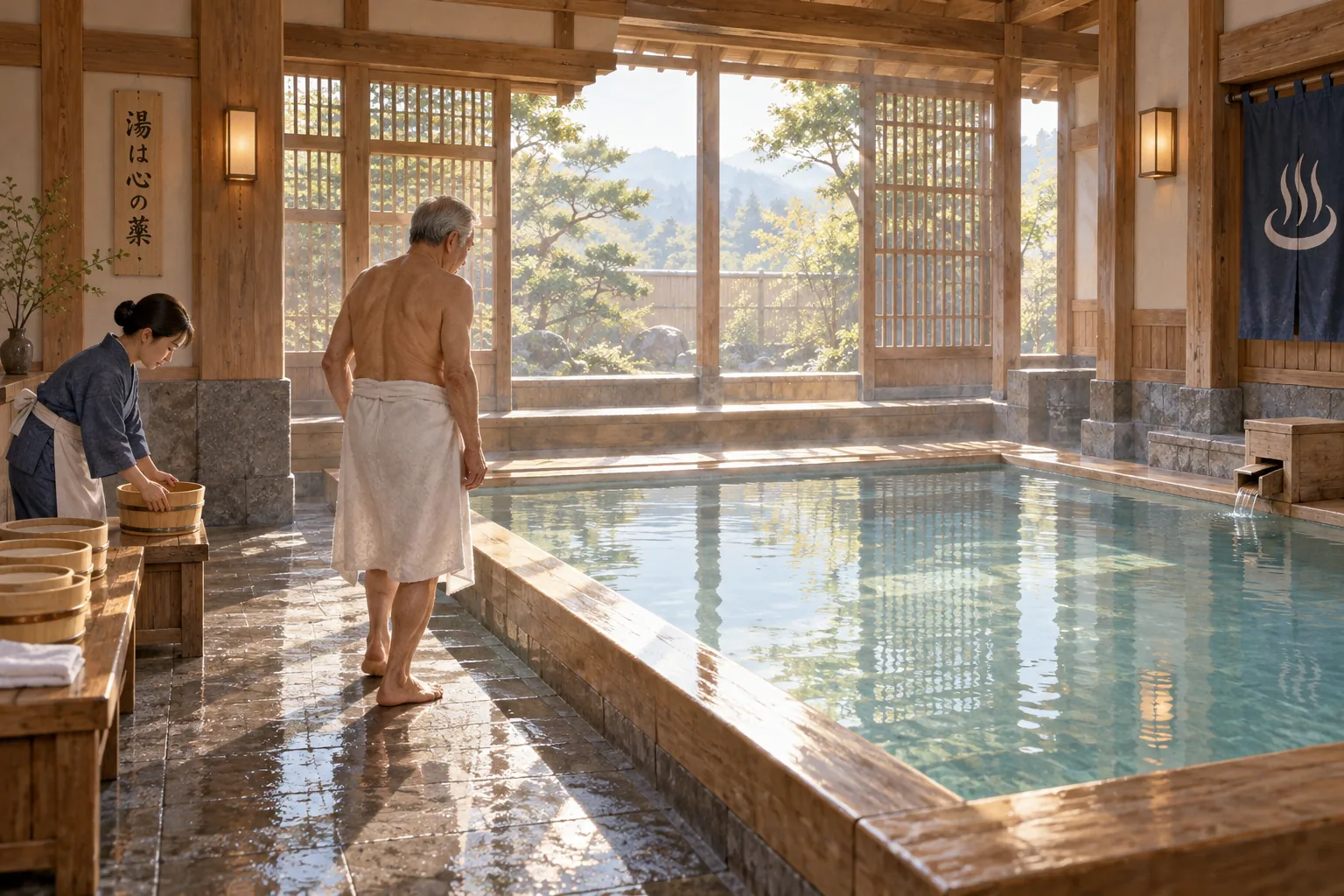 開店直後の澄んだ湯に最初に入る客