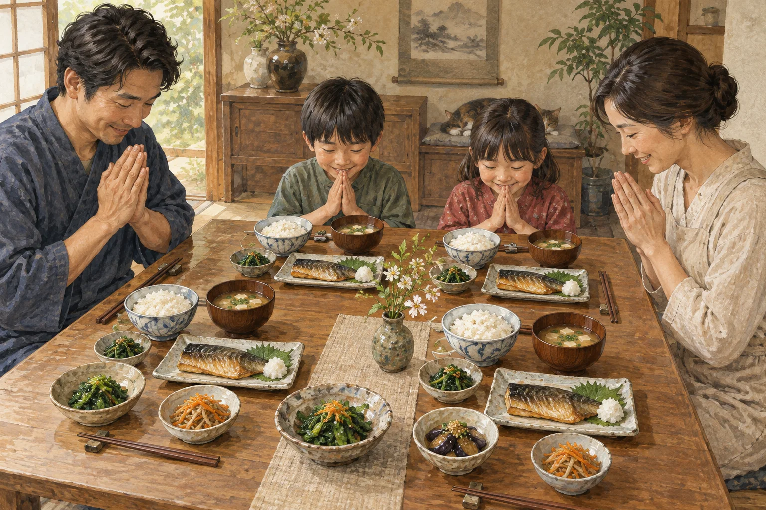 ご飯・汁物・主菜・副菜を整えた一汁三菜