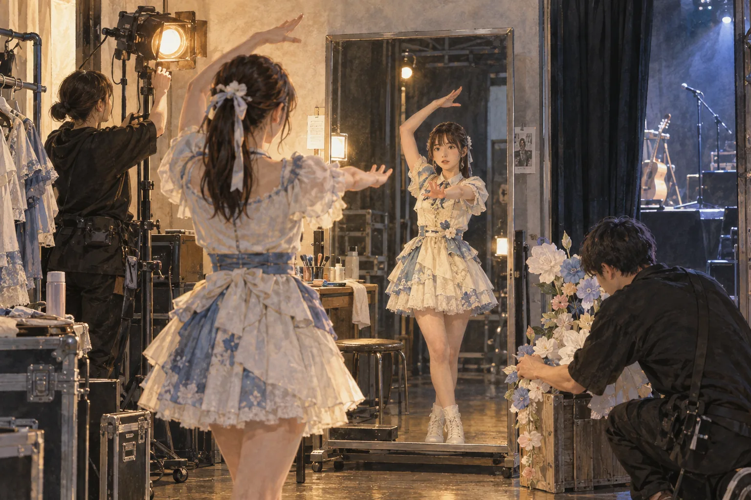 小さなライブ会場の舞台裏で振り付けを確認するアイドル