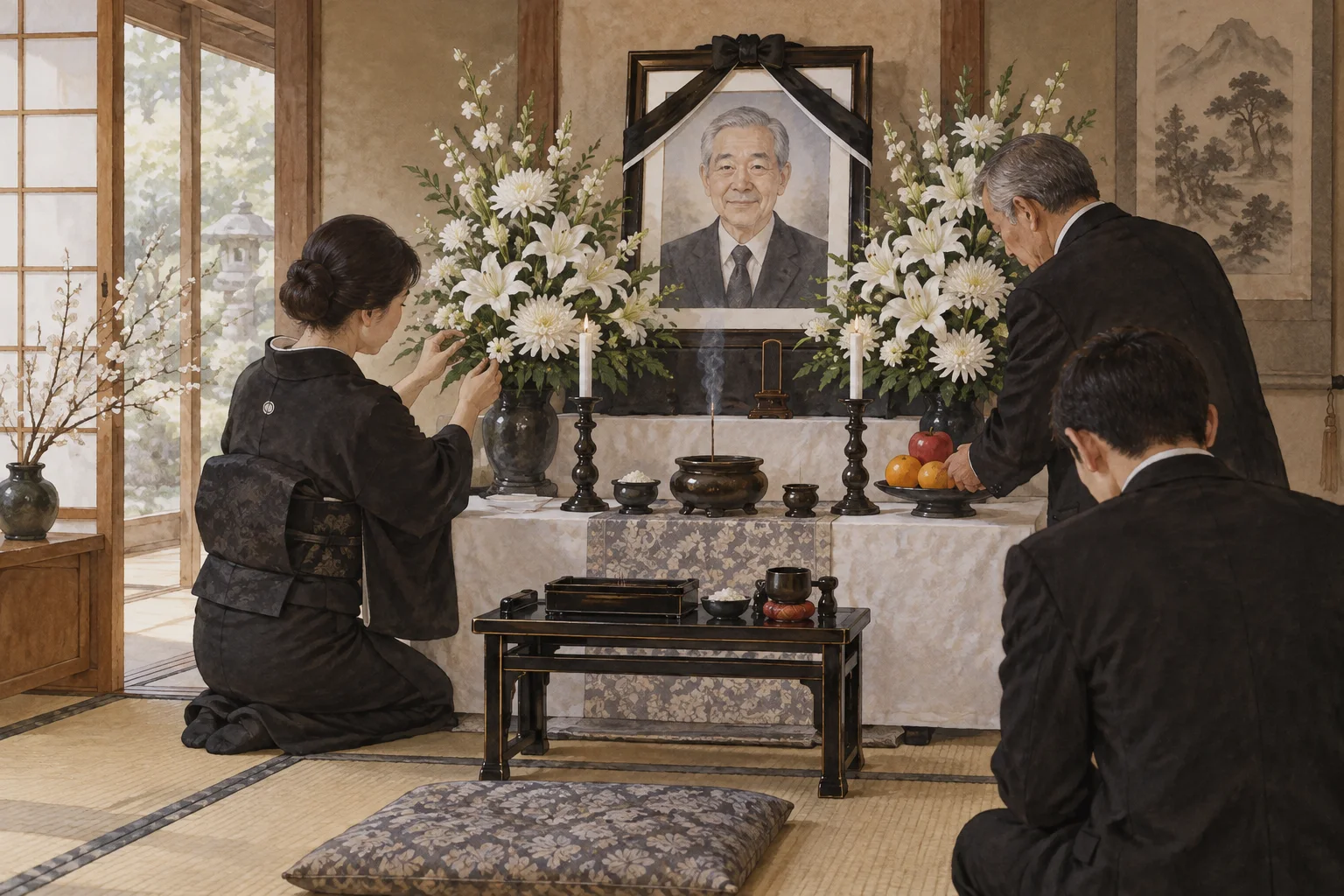 遺影と白い花を整える法要前の家族