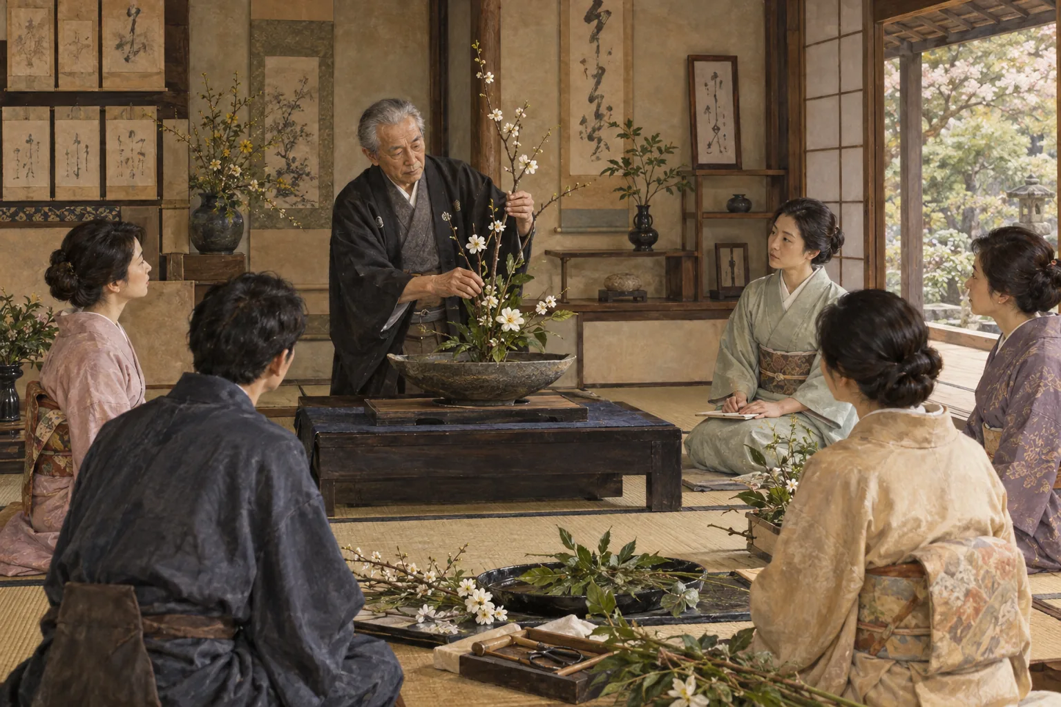 伝統芸能の型を弟子に伝える家元