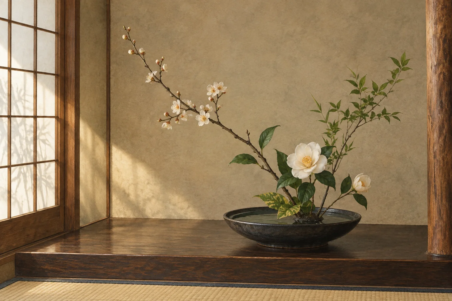 床の間に飾られた、枝と季節の花の余白を生かした生け花