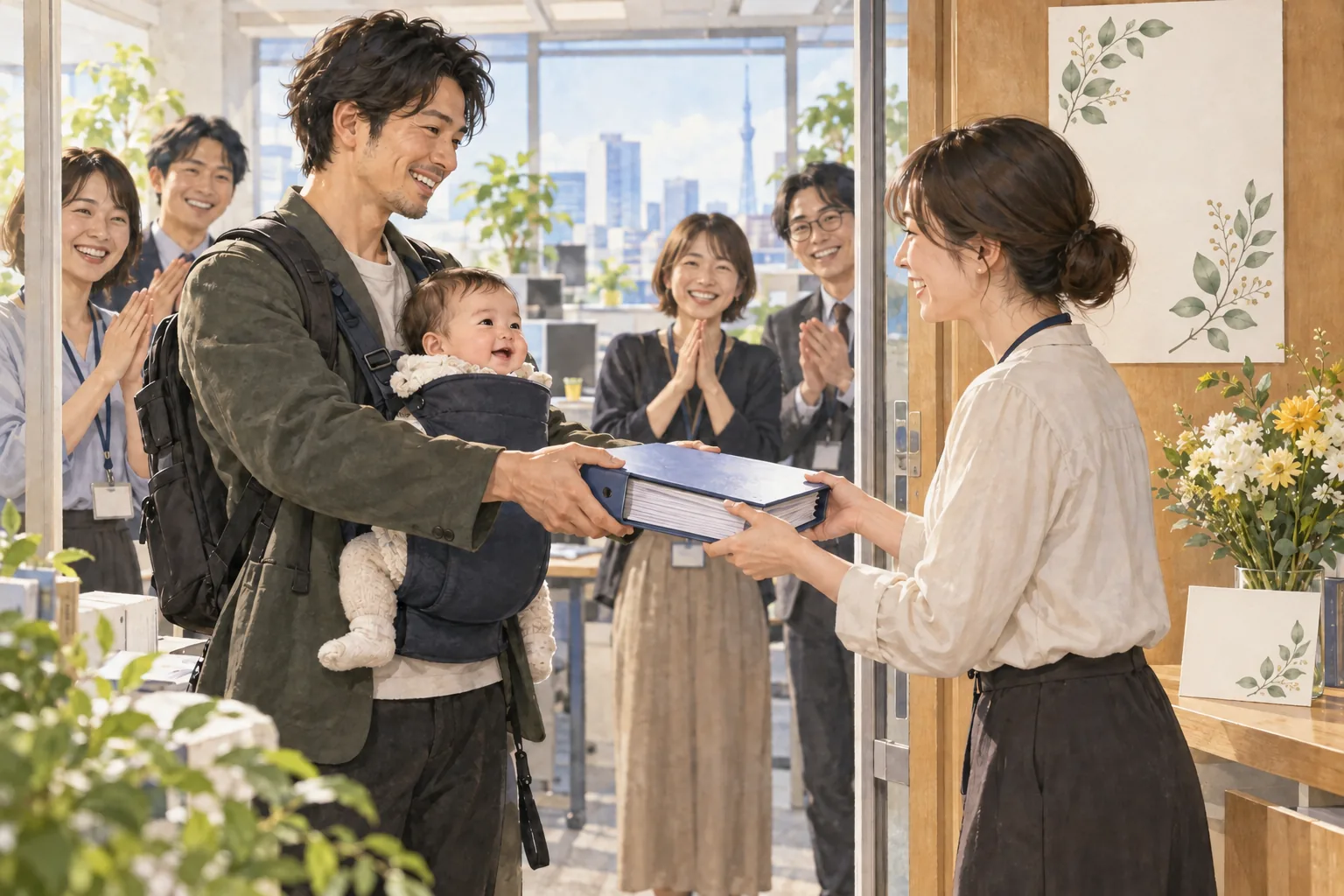 育児休業に入る前に仕事を引き継ぐ父親と同僚