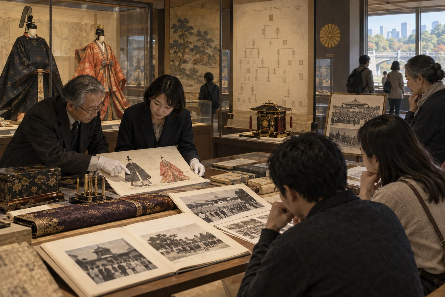 皇位継承の歴史と制度を資料で学ぶ博物館の来館者
