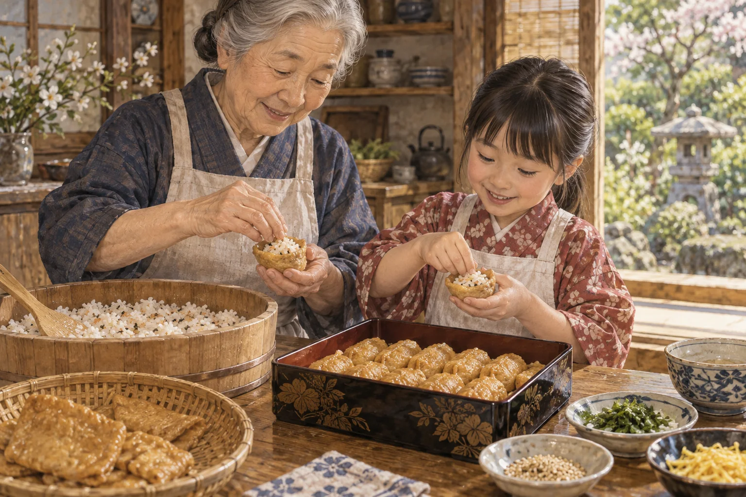 祖父母と子どもが油揚げに酢飯を詰める様子