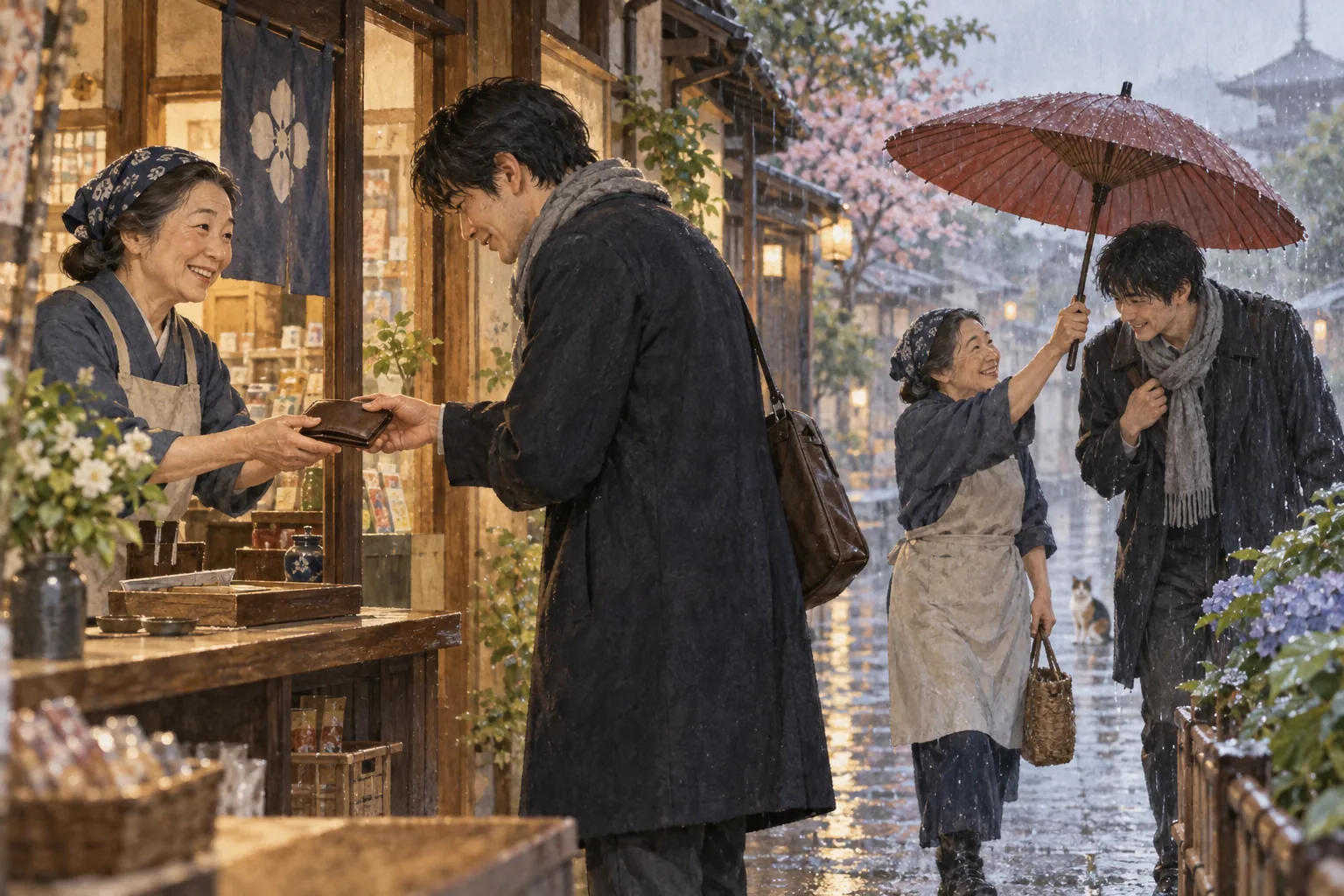 落とし物を返し親切が巡る日常の場面