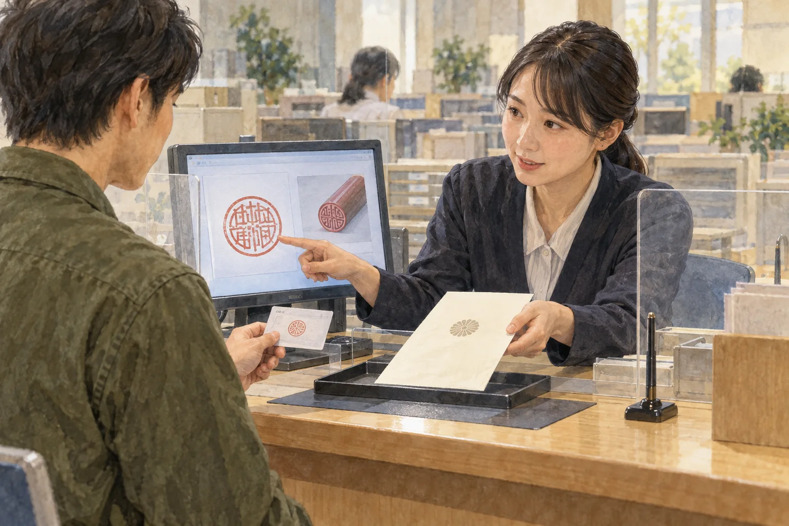 役所で印鑑登録証明書を受け取る住民